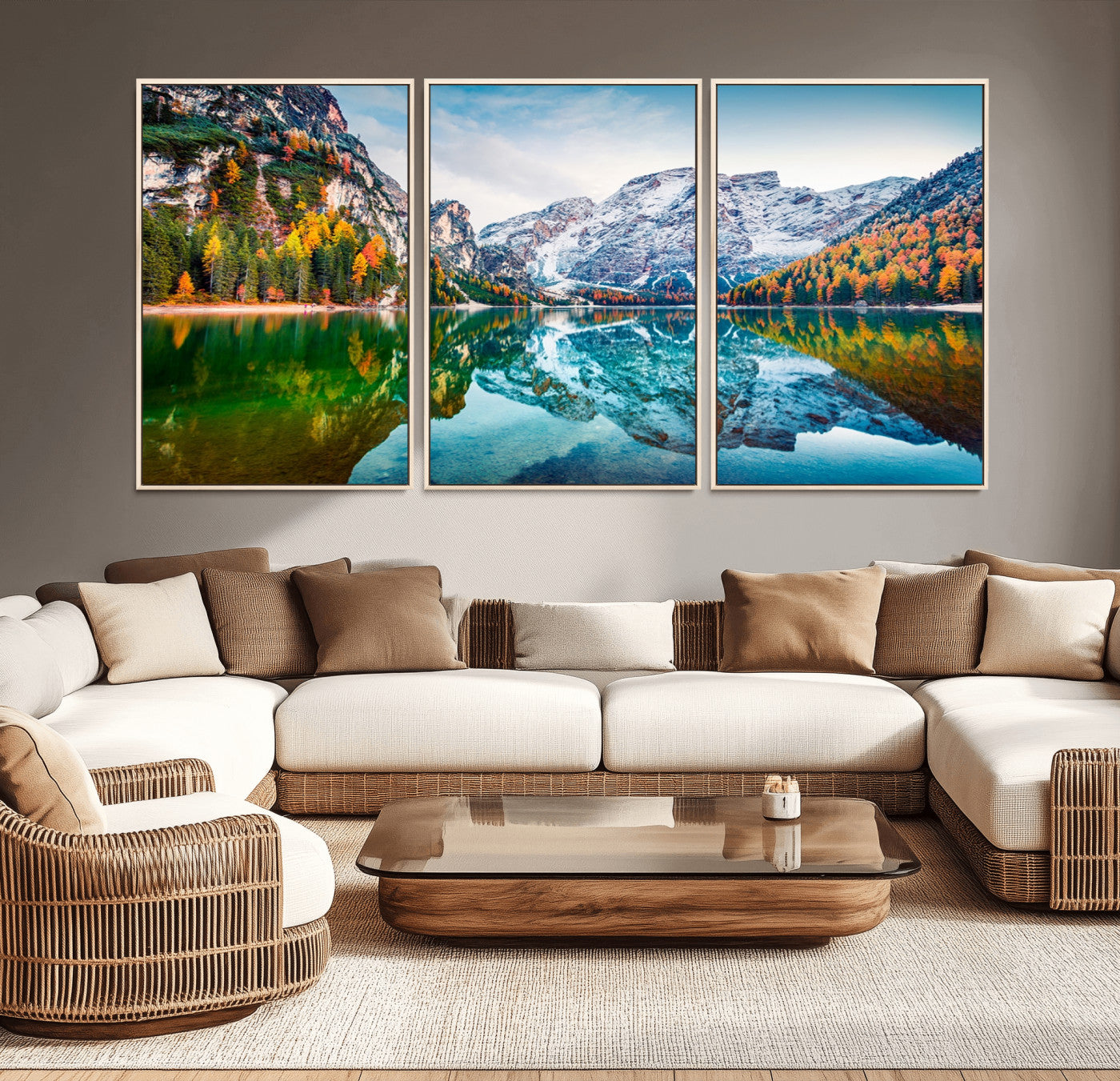 10402-MGV-CV-36X24-Snowy Mountain Lake Wall Art – Autumn Landscape Canvas Print with Reflection, Nature Decor for Living Room, Office, Bedroom or