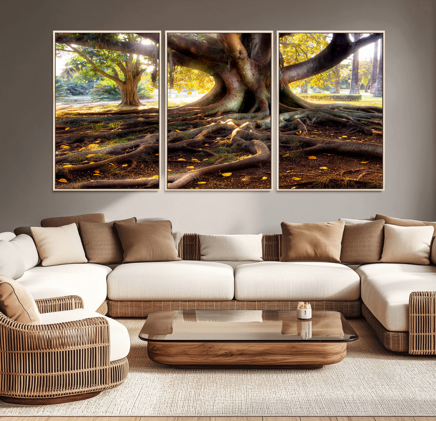 53335-MGV-CV-36X24-Majestic Tree with Sprawling Roots Wall Art – Serene Sunlit Park Scene, Nature Canvas Print, Perfect for Living Room, Office or