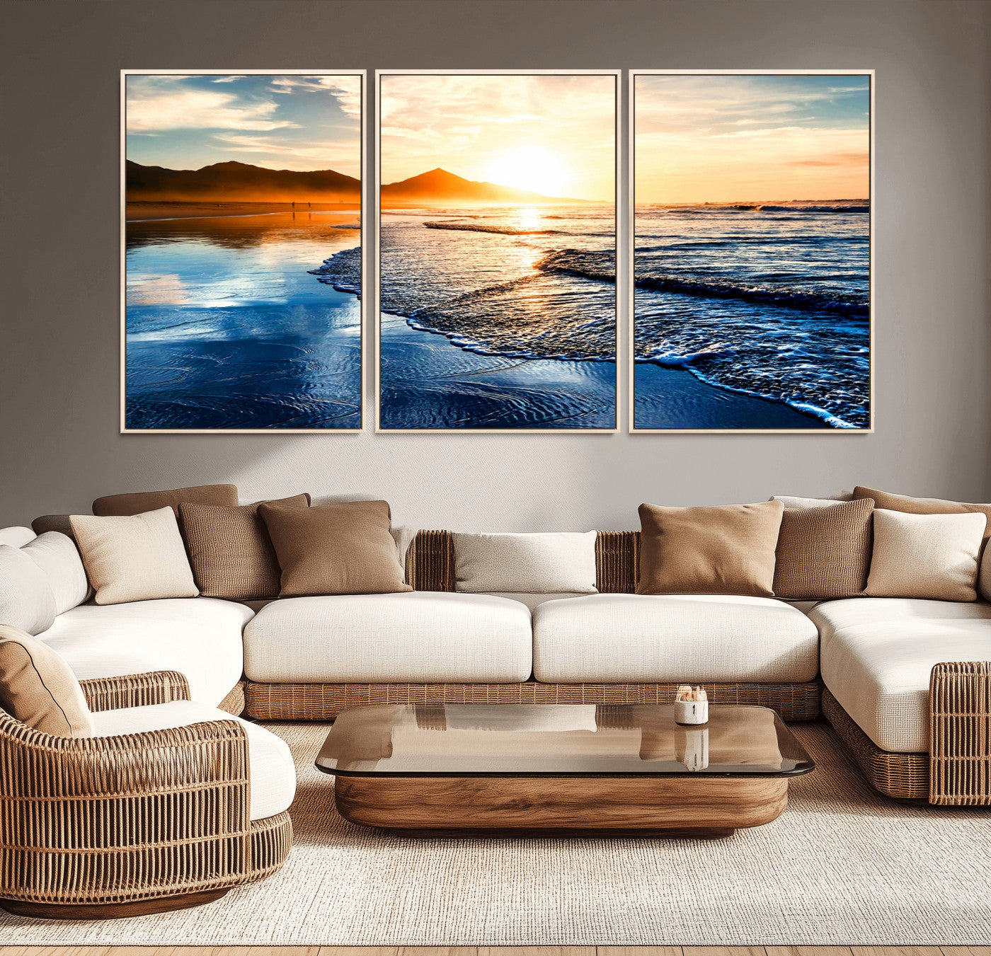 86173-MGV-CV-36X24-Golden Sunset Beach Wall Art – Reflective Ocean Canvas Print with Mountains and Waves, Coastal Nature Decor for Living Room,