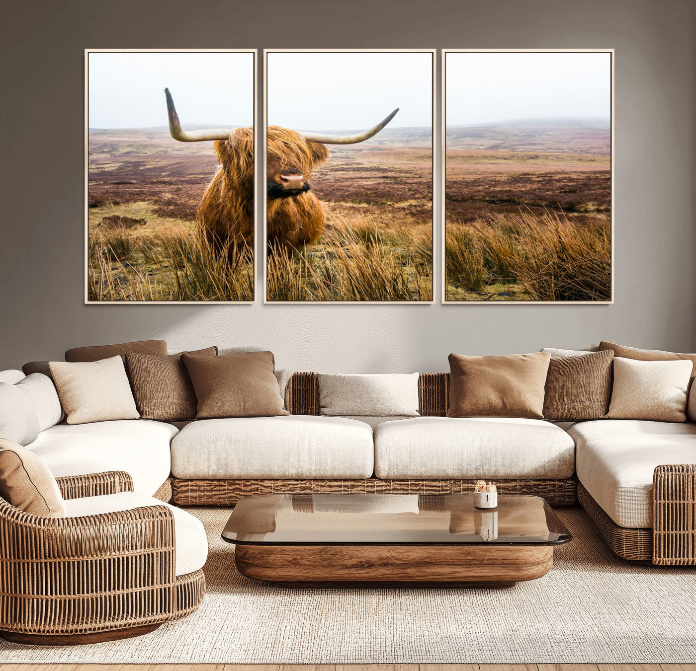 79391-MGV-CV-36X24-Majestic Highland Cow in Misty Scottish Moorland – Rustic Natural Charm, Perfect for Unique Home or Office Decor