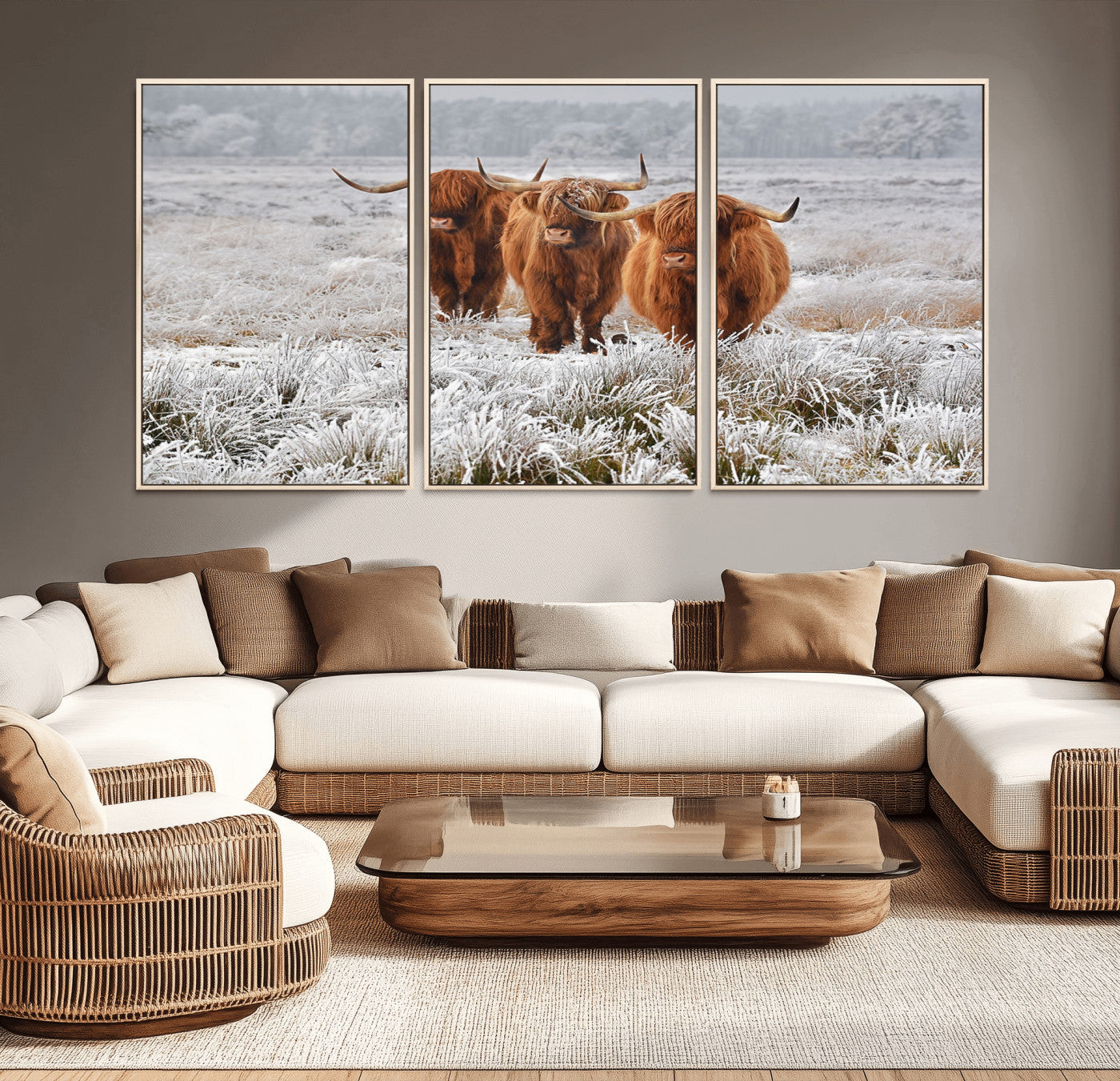 10396-MGV-CV-36X24-Highland Cattle Wall Art – Rustic Winter Landscape Canvas Print, Farmhouse Decor for Living Room, Office, Cabin or Country Home