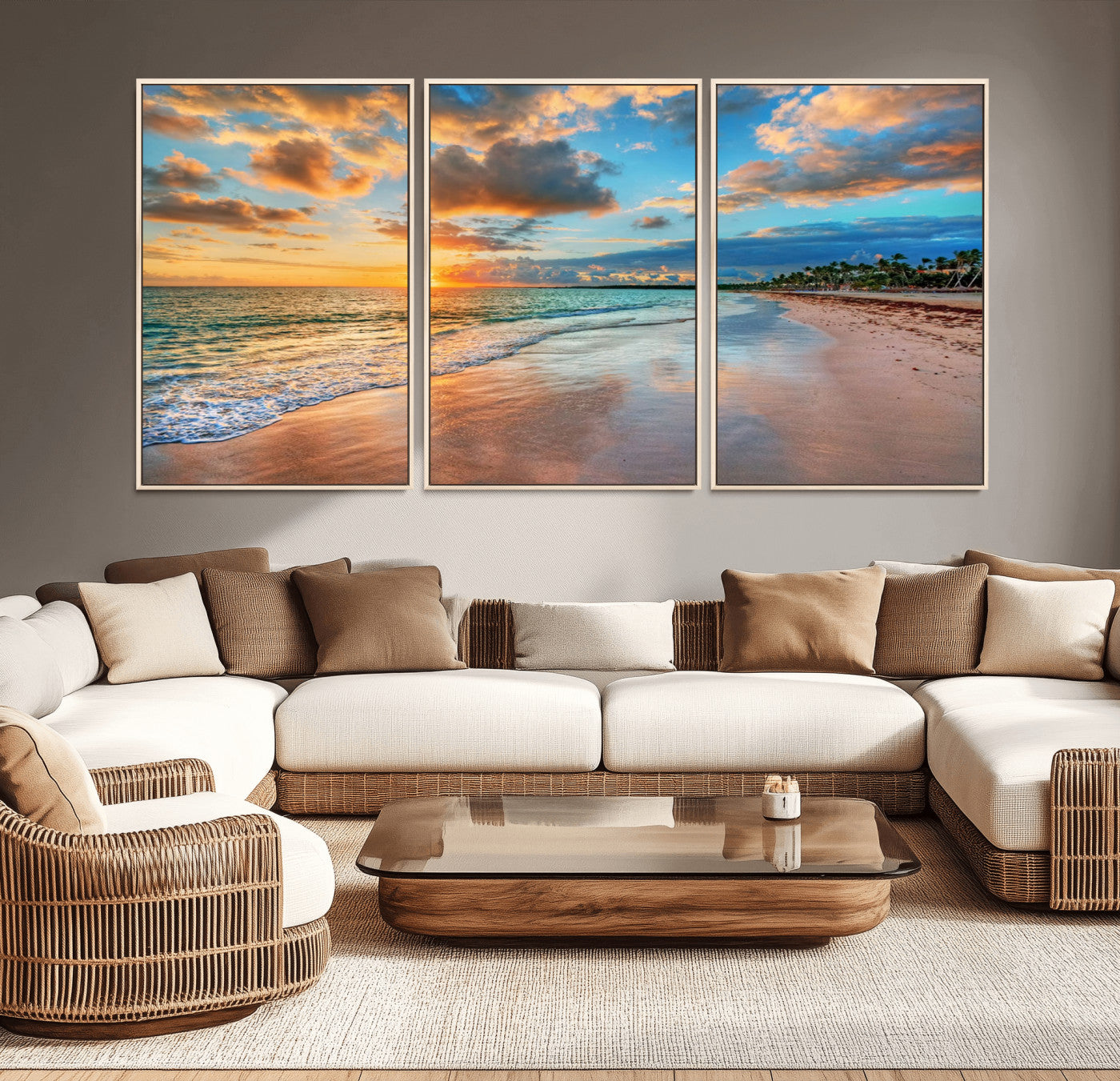 41572-MGV-CV-36X24-Sunset Beach Wall Art – Ocean Waves and Palm Trees Canvas Print, Tropical Coastal Sunset Seascape Decor for Living Room, Bedroom