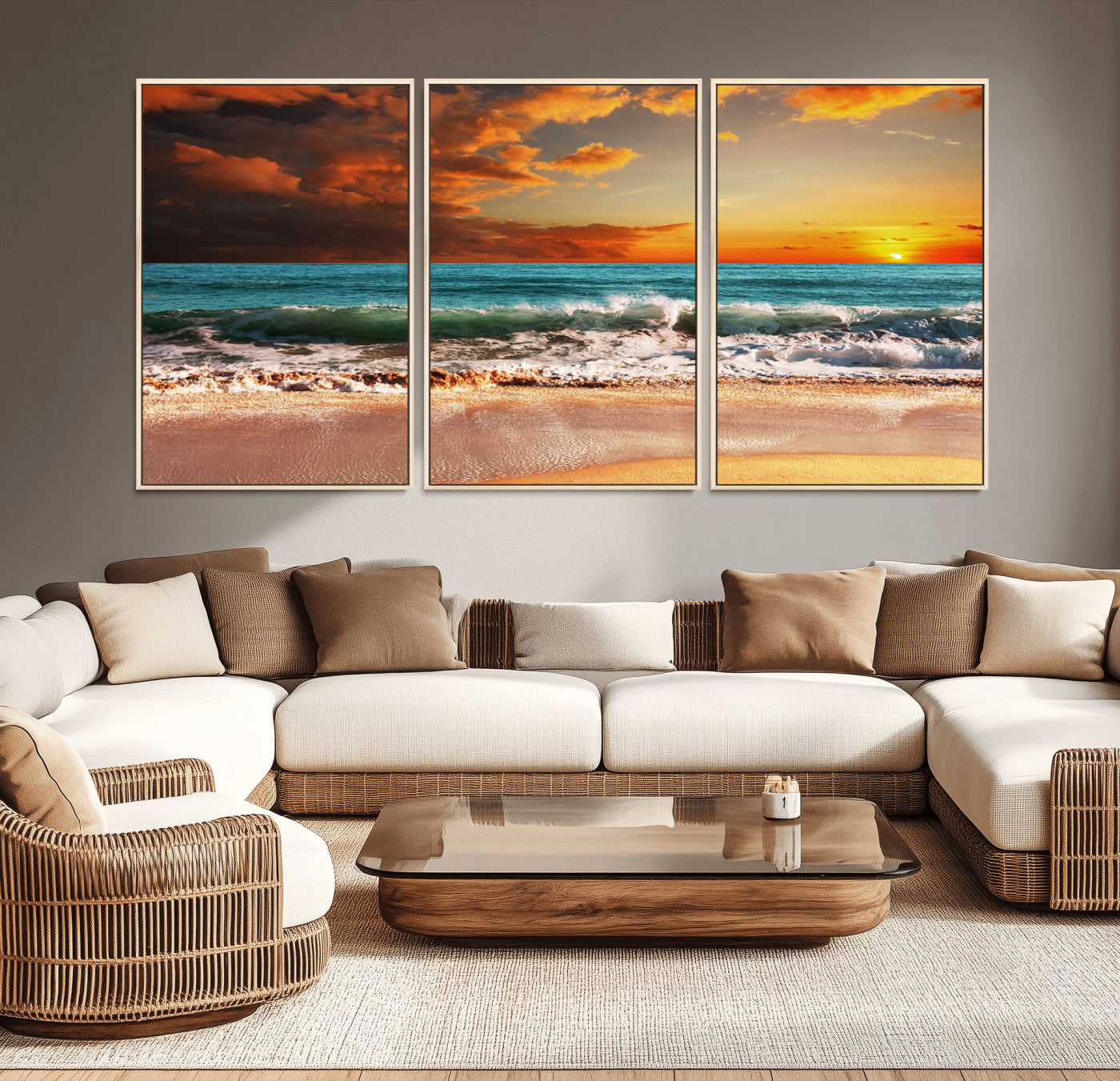 72948-MGV-CV-36X24-Ocean Sunset Wave Wall Art – Dramatic Seascape Canvas Print with Golden Sky and Crashing Waves, Coastal Beach Decor for Living