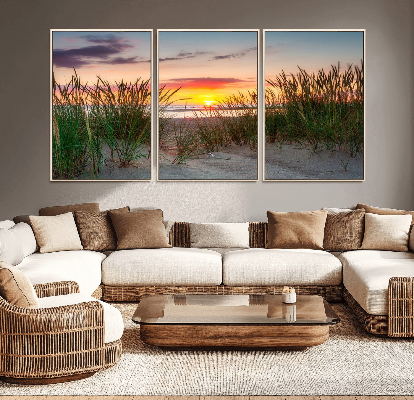 25576-MGV-CV-36X24-Beach Grass Sunset Wall Art – Coastal Sand Dune Landscape Canvas Print, Ocean View Nature Decor for Living Room or Office Wall
