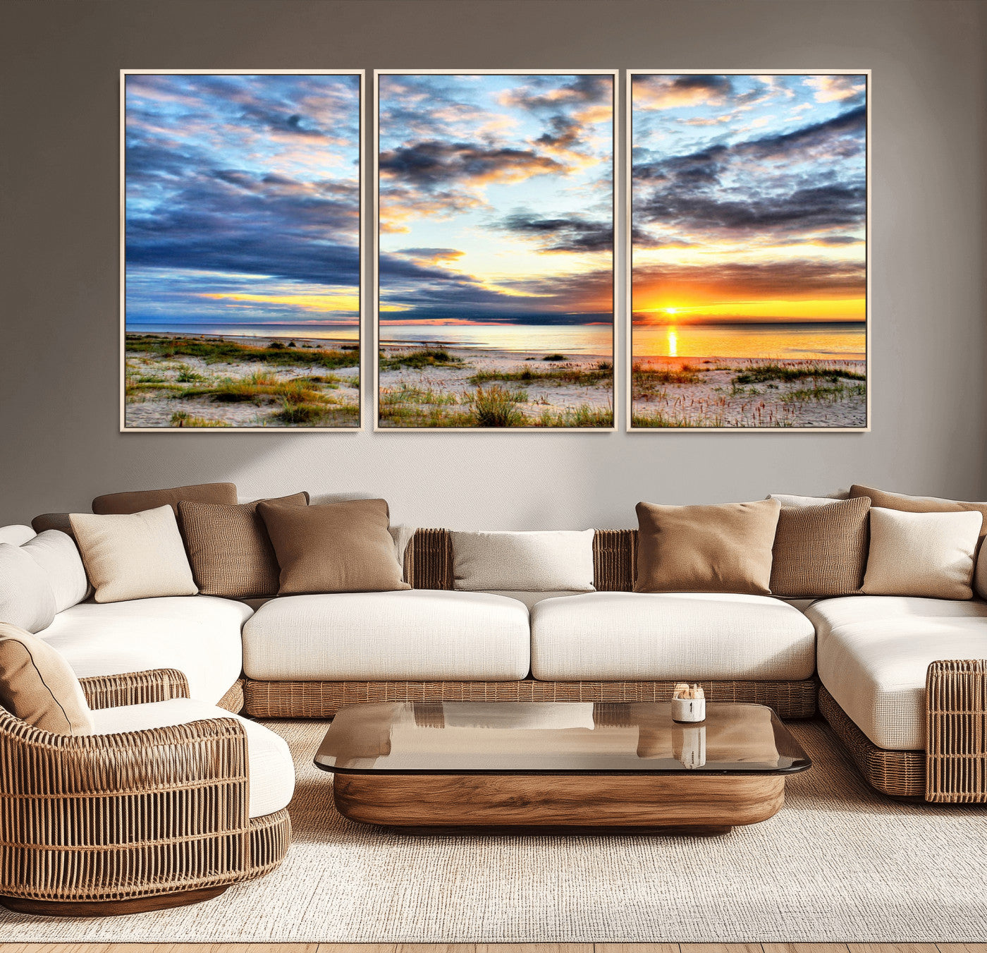 39645-MGV-CV-36X24-Golden Beach Sunset Wall Art – Serene Ocean Horizon Canvas Print, Coastal Nature Landscape Decor for Living Room, Bedroom or