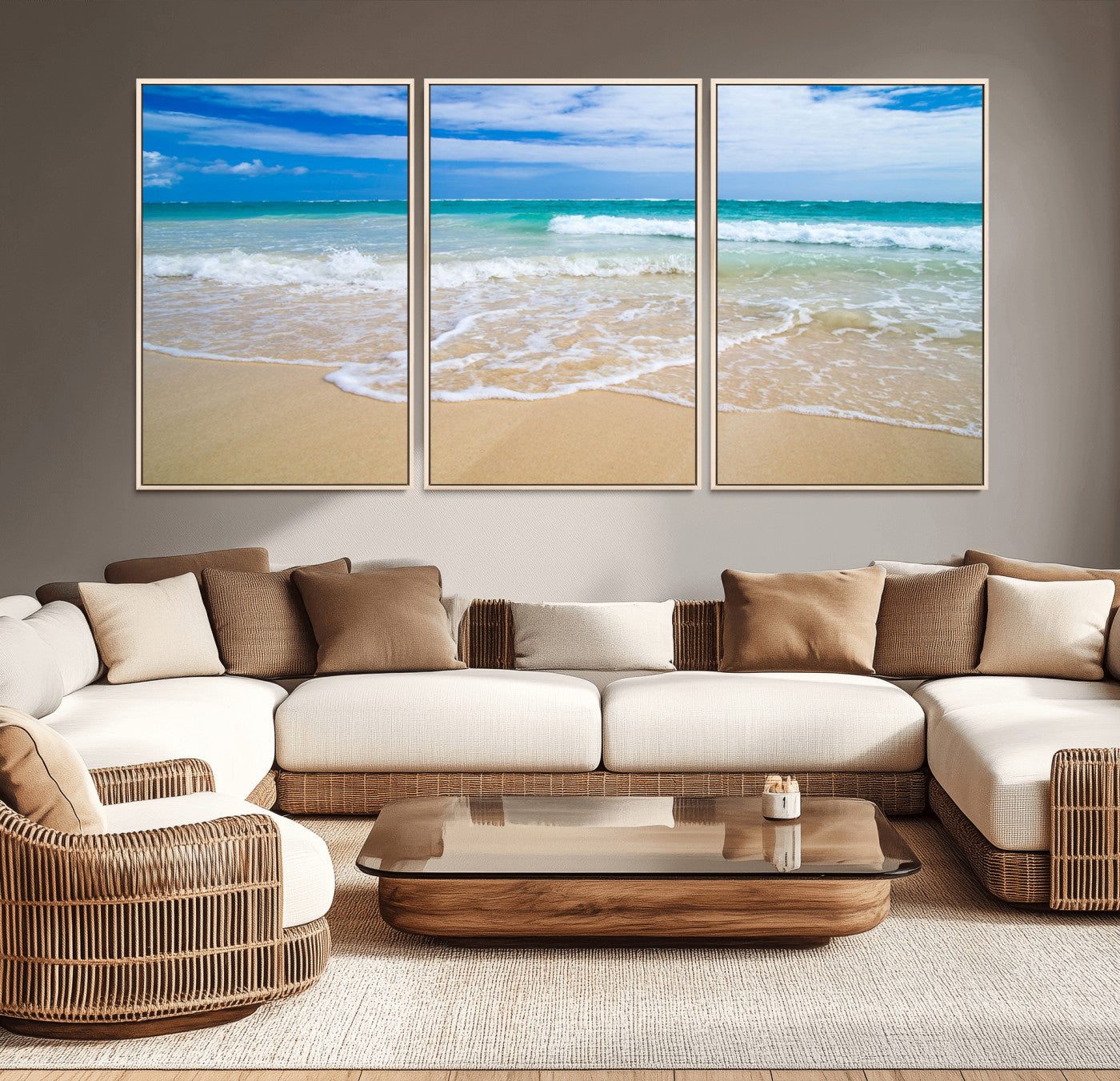 20660-MGV-CV-36X24-Ocean Wave Beach Wall Art – Serene Blue Sea and Sandy Shore Canvas Print, Coastal Landscape Photography Decor for Living Room or