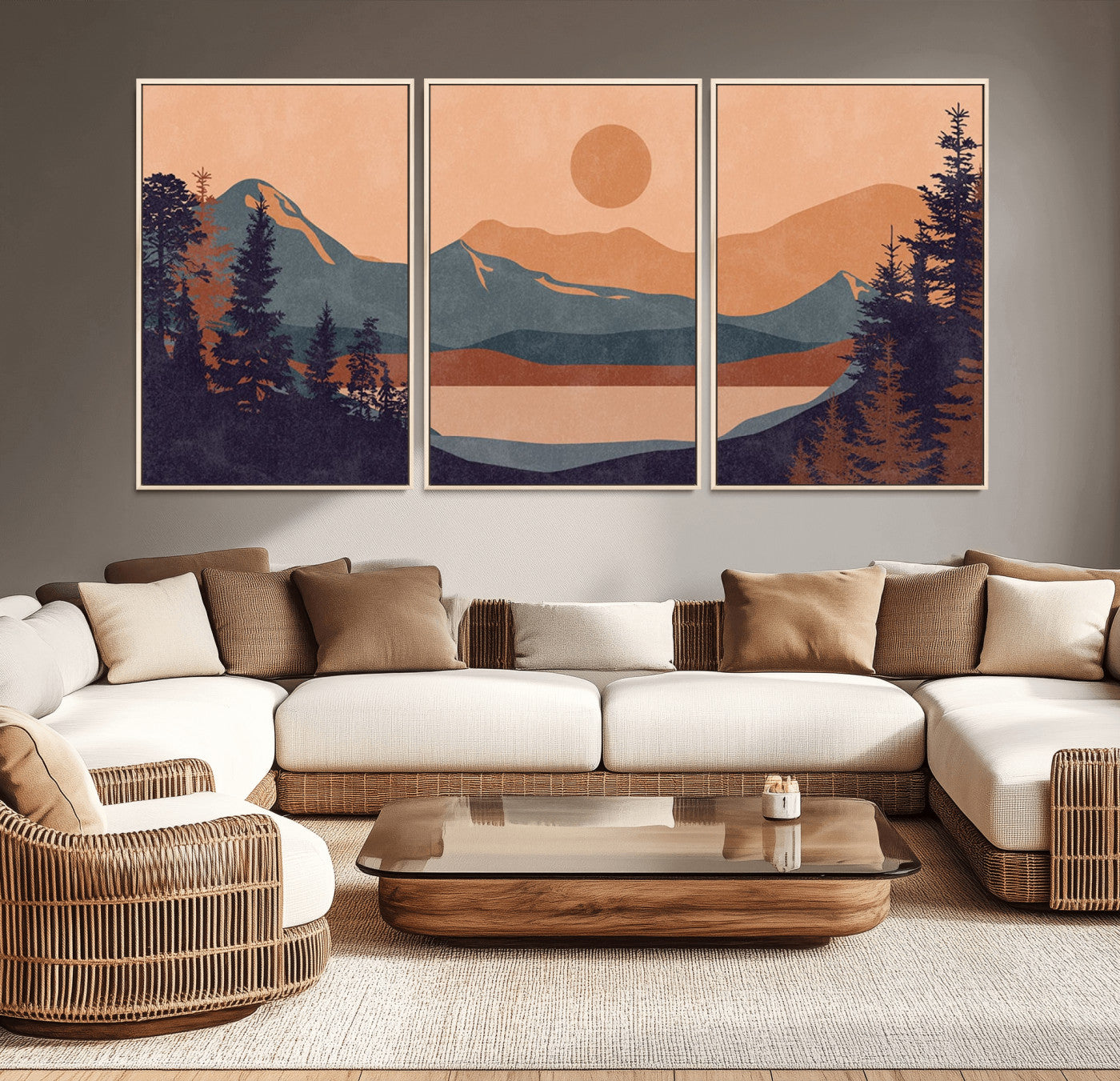 62795-MGV-CV-36X24-Minimalist Mountain Landscape Wall Art – Abstract Sunset Over Peaks and Pine Trees Canvas Print, Modern Nature Decor for Living