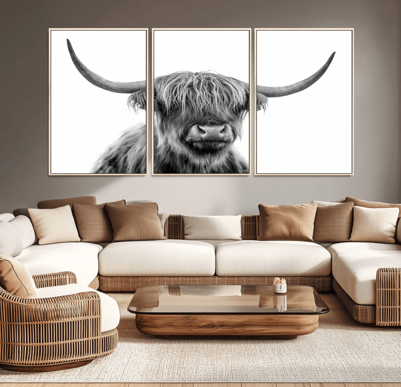10123-MGV-CV-36X24-Black and White Highland Cow Wall Art – Modern Farmhouse Animal Print, Rustic Scottish Bull Canvas Decor for Living Room, Bedroom,