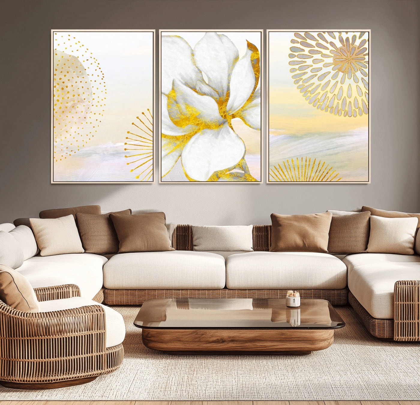 82301-MGV-CV-60X30-3P-Modern Floral Wall Art – White Flower with Gold Detailing Canvas Print, Elegant Abstract Artwork for Living Room, Bedroom, or