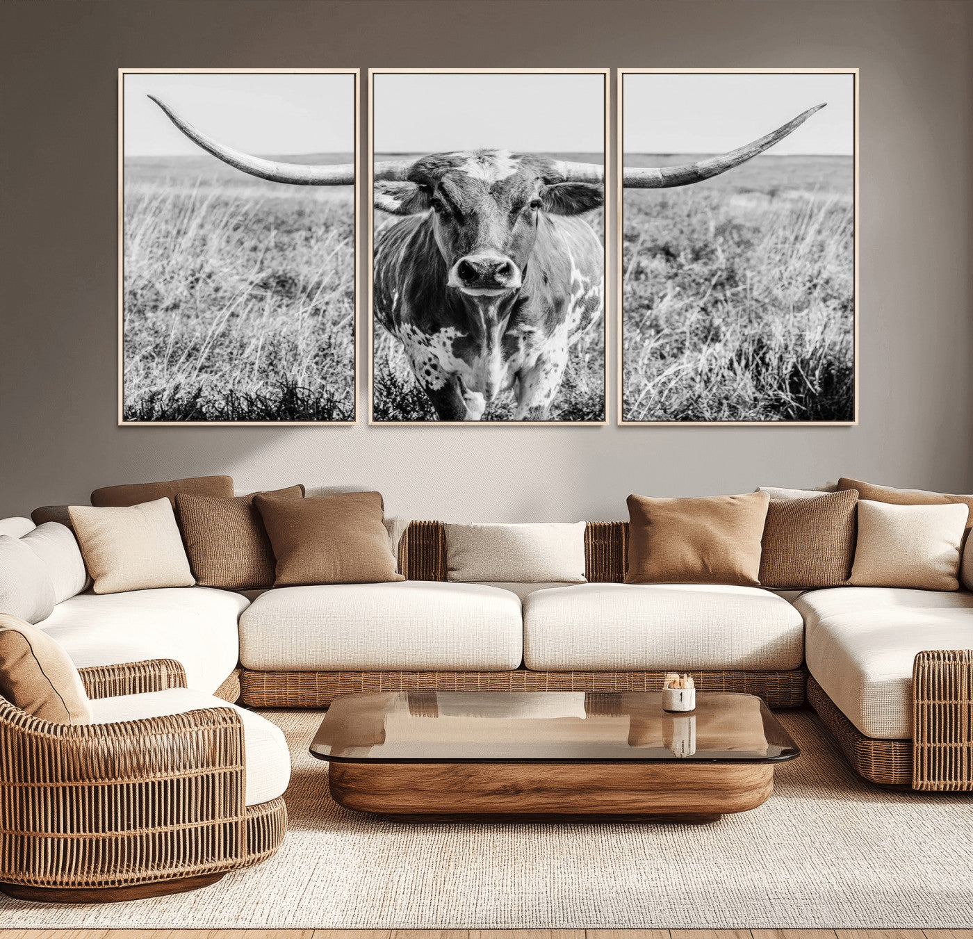 77320-MGV-CV-36X24-Texas Longhorn Wall Art – Black and White Western Cattle Canvas Print, Rustic Farmhouse Animal Photography Decor for Living Room,