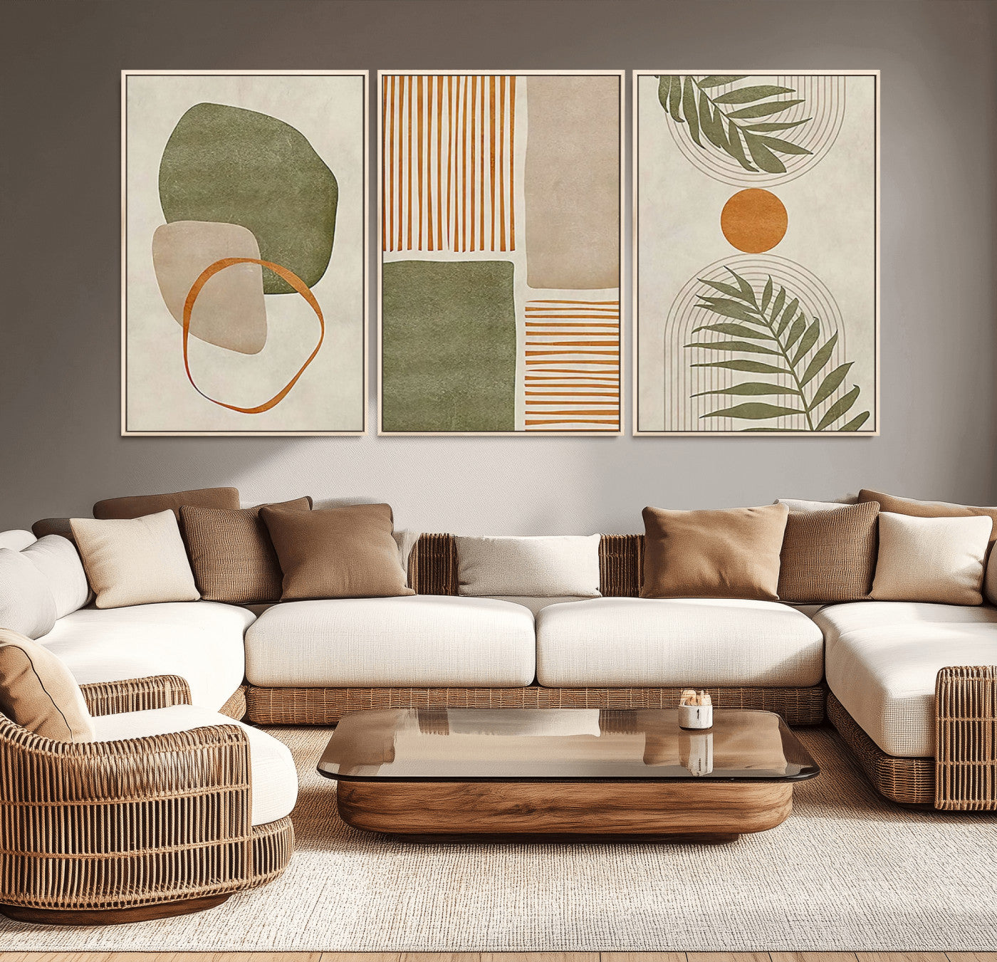 96002-MGV-CV-36X24-Abstract Geometric Wall Art – Modern Canvas Print with Green, Orange & Beige Shapes, Minimalist Home Decor for Living Room, Office