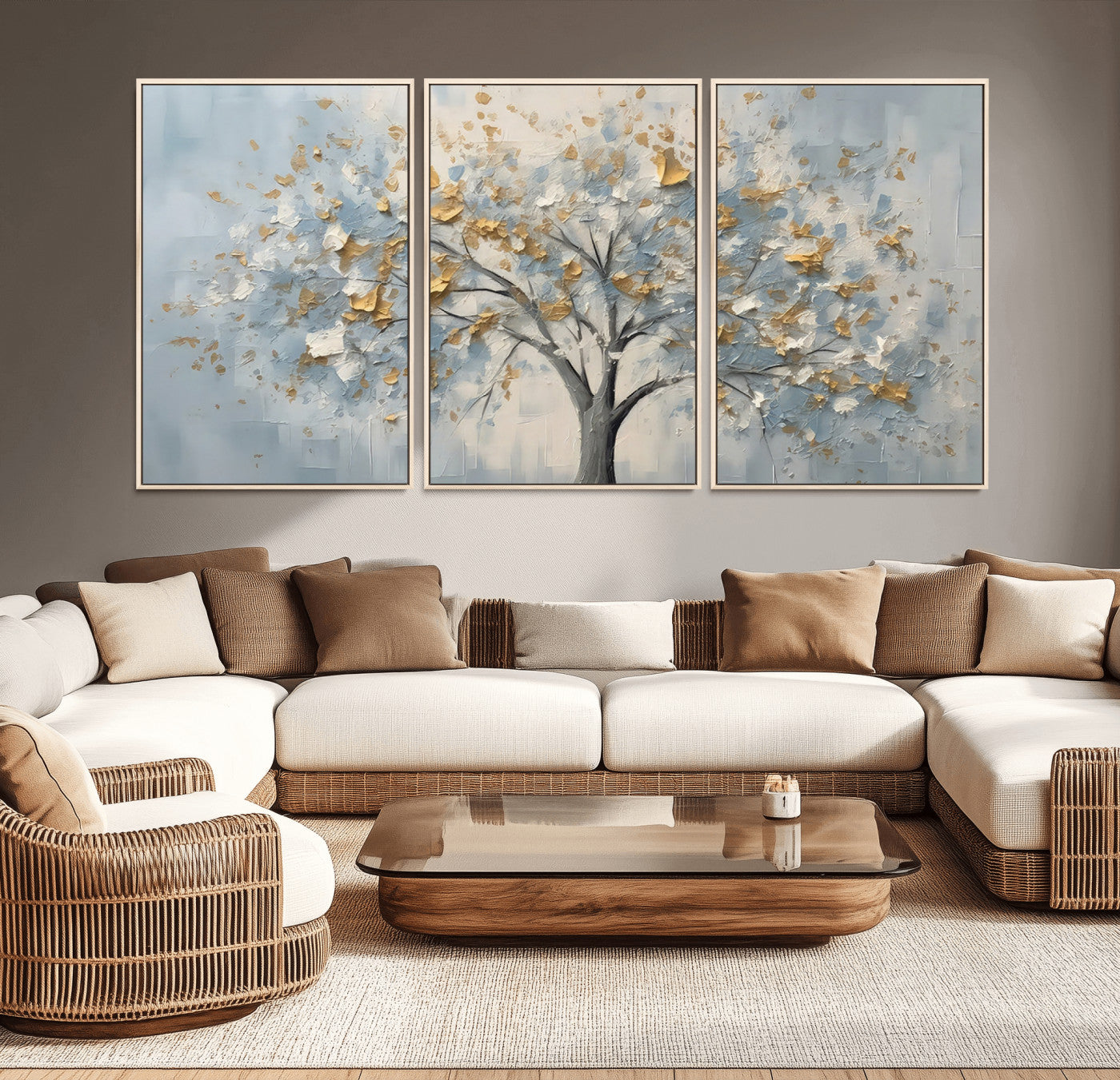 65811-MGV-CV-36X24-Abstract Tree Wall Art – Textured Canvas Painting with Gold and White Leaves, Modern Nature Inspired Decor for Living Room or