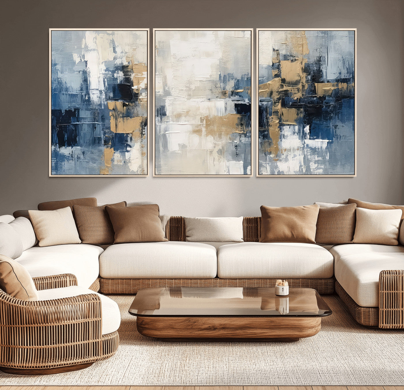 44344-MGV-CV-36X24-Abstract Blue and Gold Wall Art – Modern Hand Painted Canvas Print, Contemporary Textured Painting for Living Room, Bedroom or