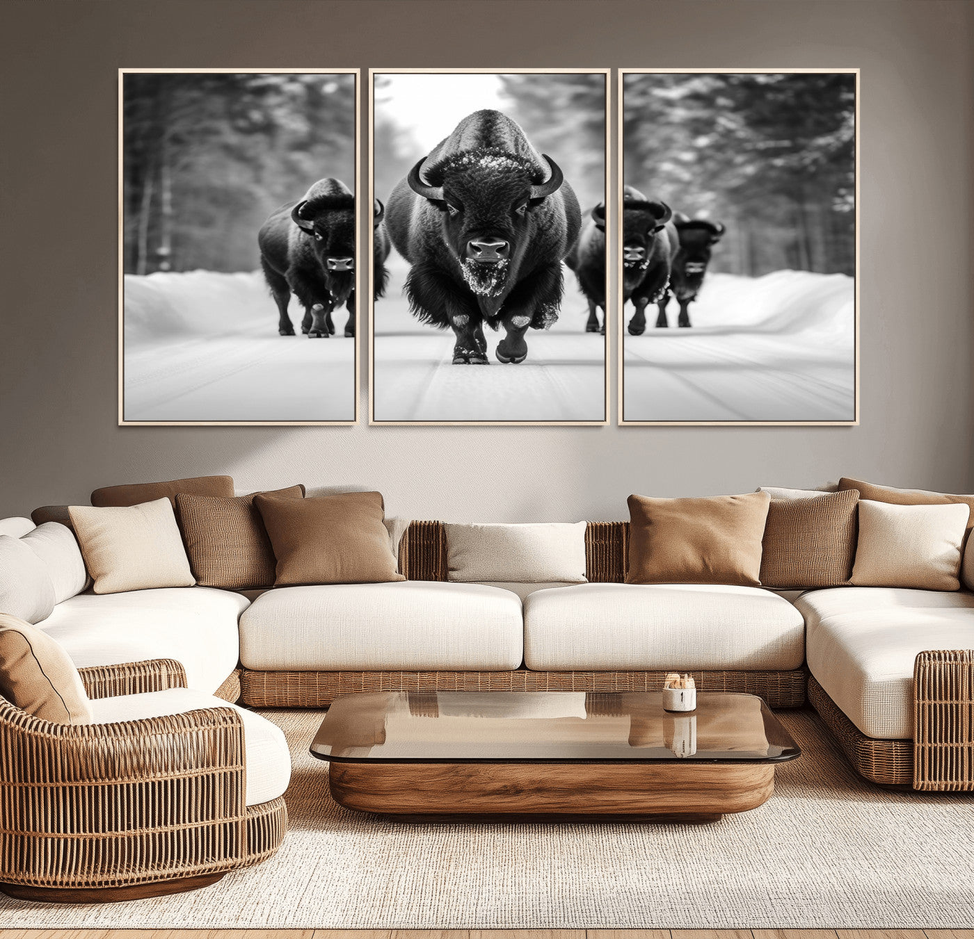 45287-MGV-CV-36X24-Bison Herd Wall Art – Black and White Buffalo Snow Road Canvas Print, Rustic Wildlife Decor for Cabin, Lodge or Living Room