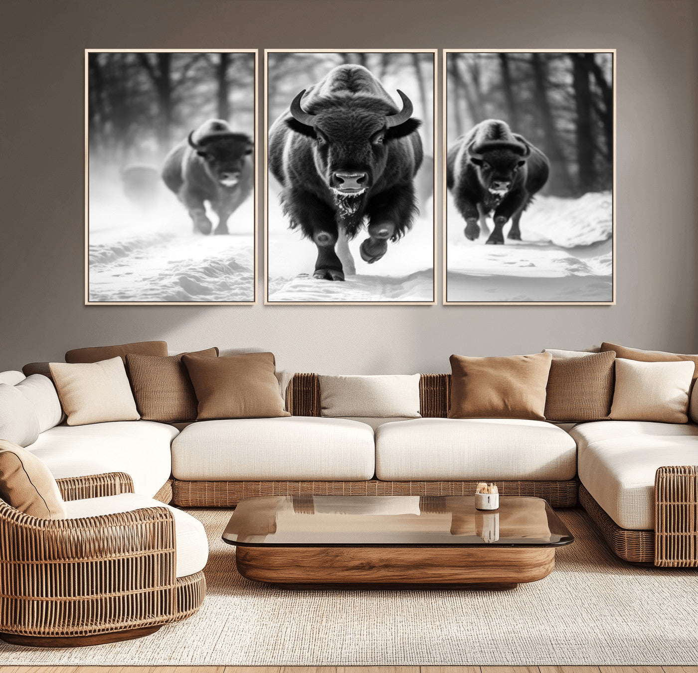 97552-MGV-CV-36X24-Black and White Bison Wall Art – Buffalo Herd Running in Snow Canvas Print, Rustic Wildlife Photography Decor for Cabin, Lodge, or