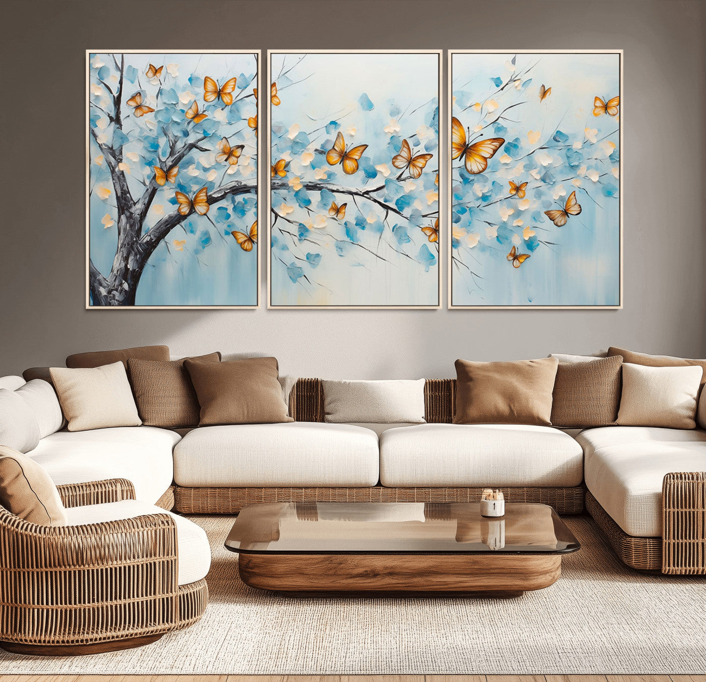 59455-MGV-CV-36X24-Butterfly Tree Branch Wall Art – Blue and Yellow Abstract Canvas Print, Modern Nature Artwork for Living Room, Bedroom or Office