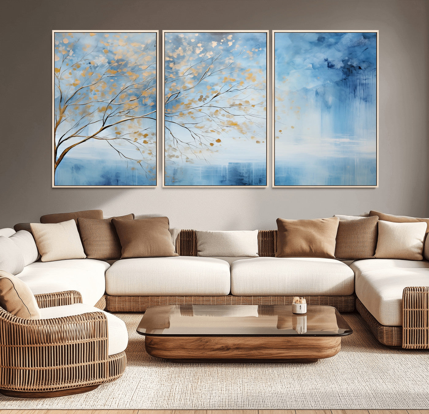23891-MGV-CV-36X24-Abstract Tree Wall Art – Minimalist Blue and Gold Canvas Painting, Elegant Nature-Inspired Artwork for Living Room, Bedroom or