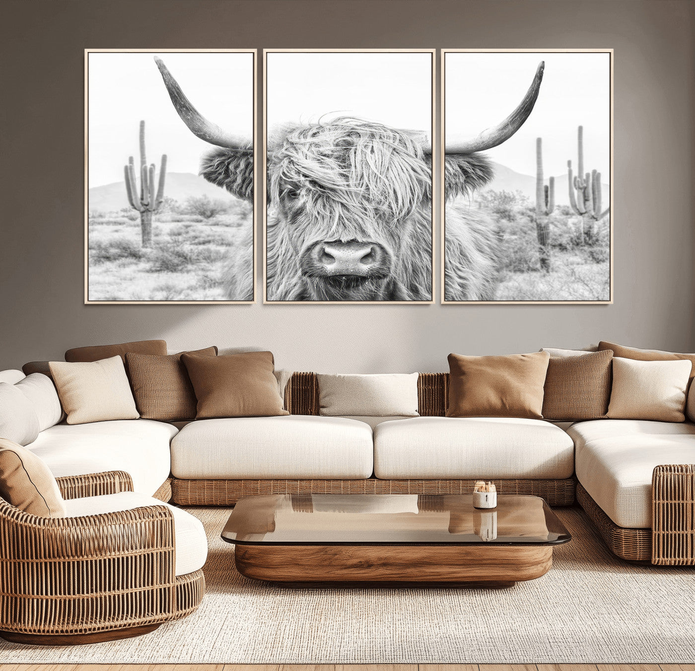 94579-MGV-CV-36X24-Highland Cow Wall Art – Black and White Longhorn Canvas Print, Rustic Western Farmhouse Animal Photography for Living Room,