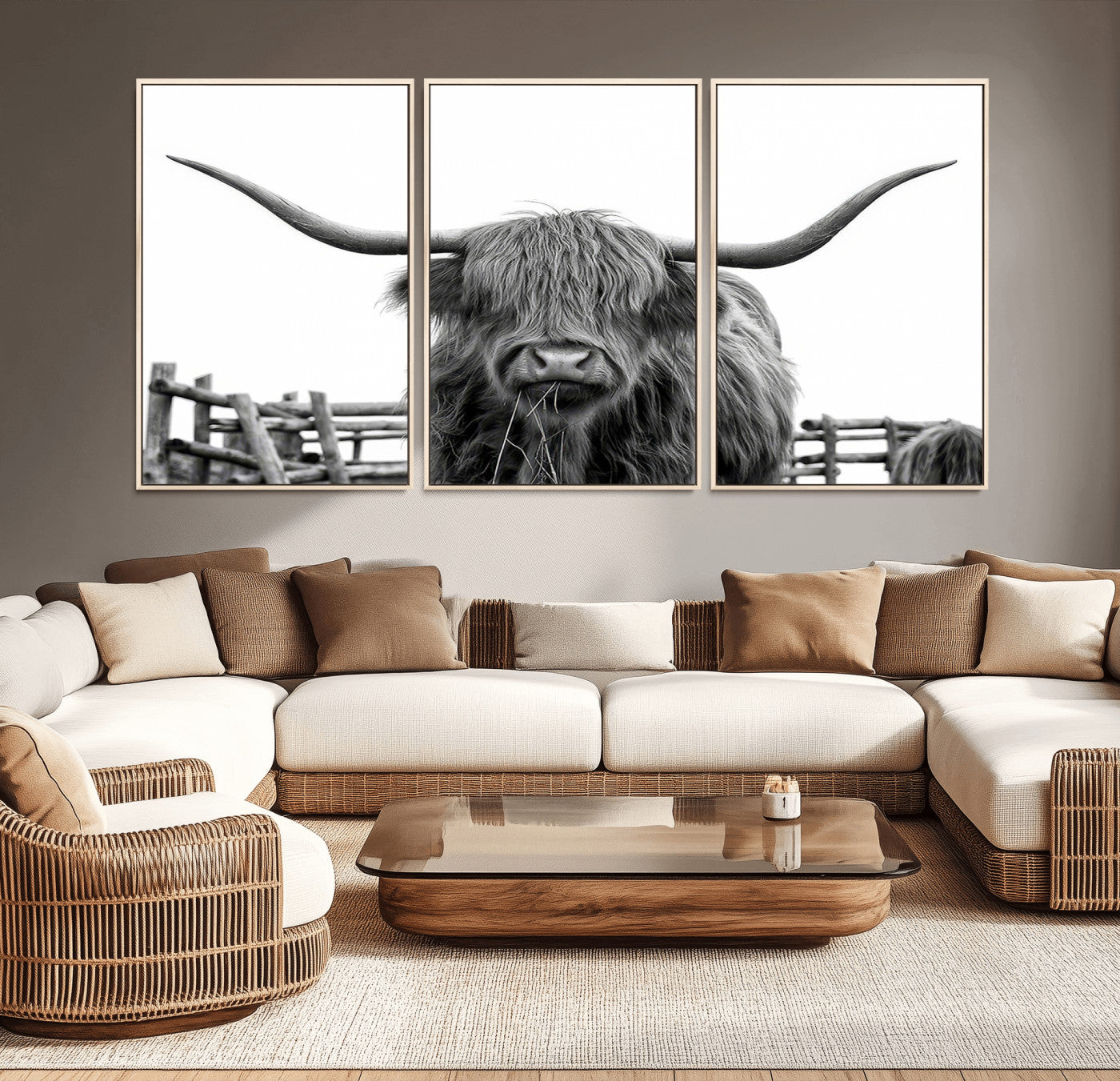 58188-MGV-CV-36X24-Highland Cow Wall Art – Black and White Rustic Farmhouse Canvas Print, Longhorn Cattle Photography Decor for Living Room or