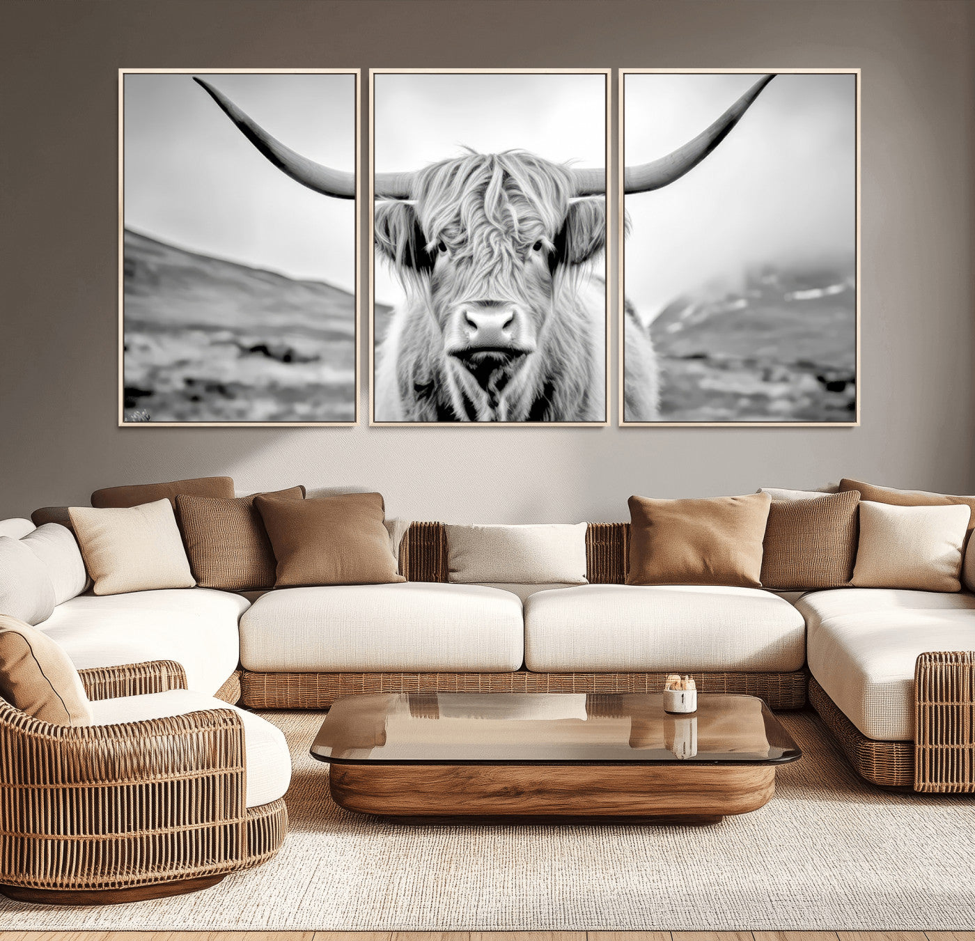 80564-MGV-CV-36X24-Highland Cow Wall Art – Black and White Scottish Highland Canvas Print, Rustic Farmhouse Decor for Living Room, Bedroom or Office
