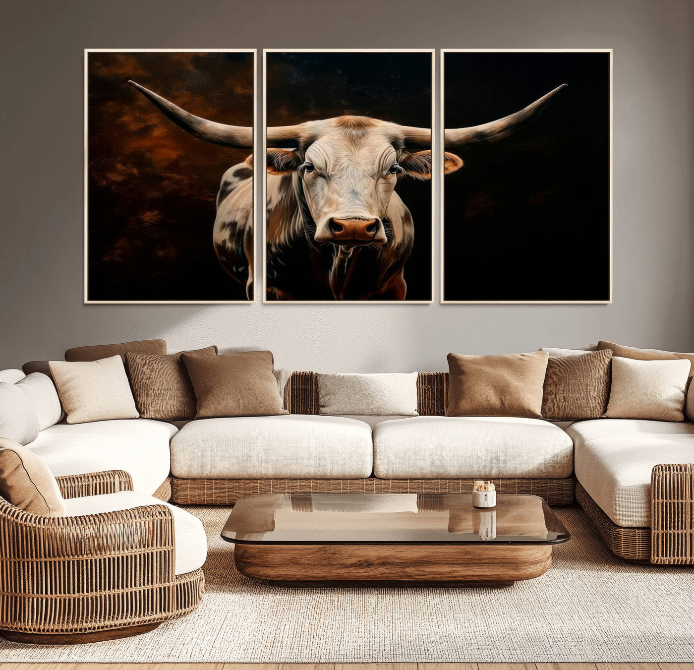 70522-MGV-CV-36X24-Longhorn Bull Wall Art – Striking Canvas Print of Majestic Bull, Premium Animal Decor for Home, Office, Man Cave, or Living Room