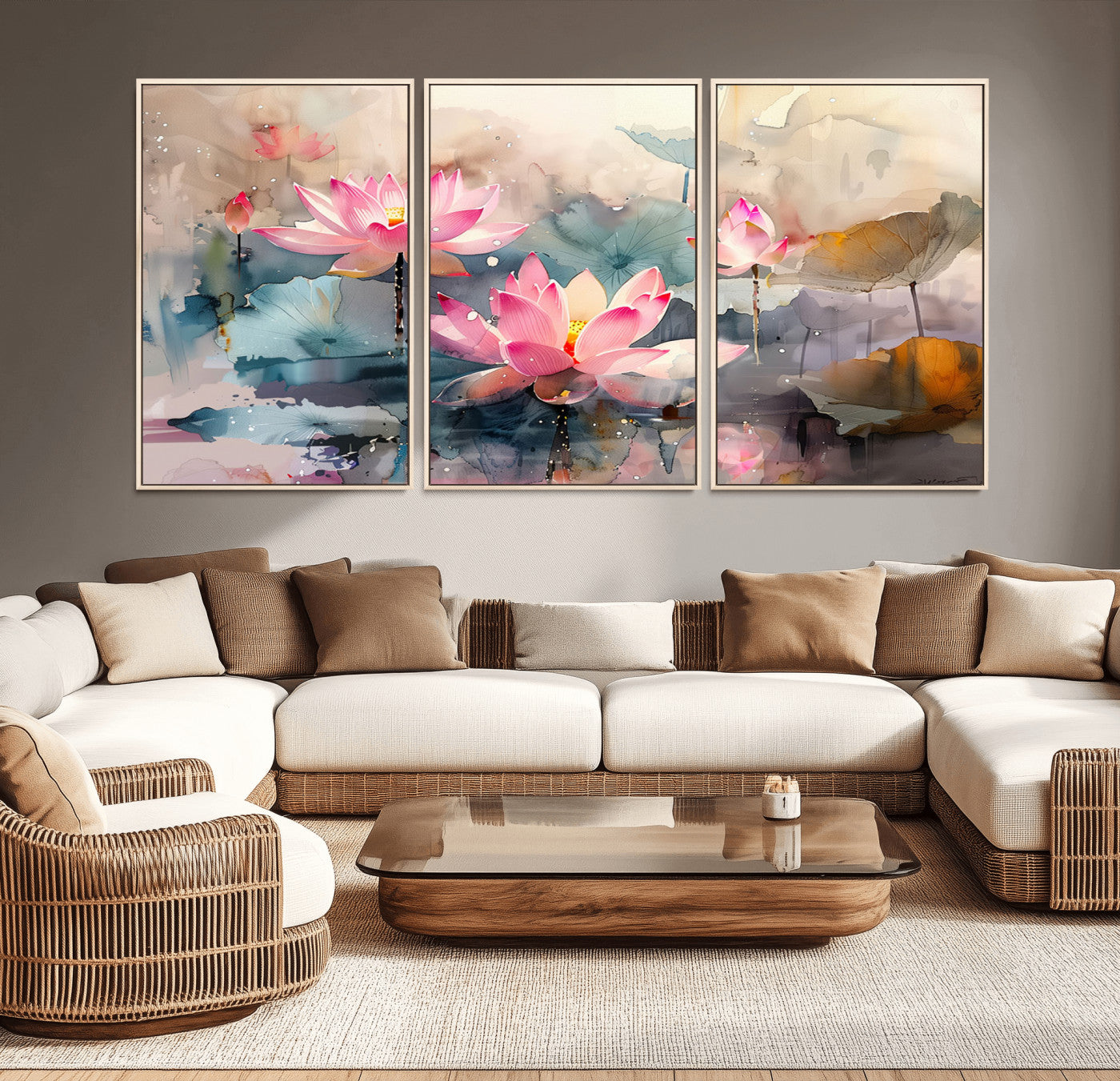 27936-MGV-CV-36X24-Lotus Pond Wall Art – Watercolor Pink Lotus Flowers Canvas Print, Tranquil Botanical Artwork for Bedroom, Living Room or