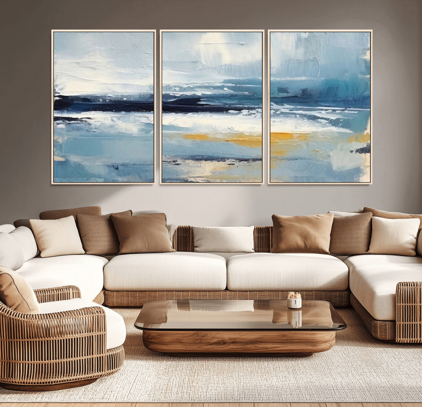 19746-MGV-CV-36X24-Abstract Ocean Wall Art – Modern Coastal Canvas Print with Blue, White and Gold Textures, Contemporary Seascape Painting for