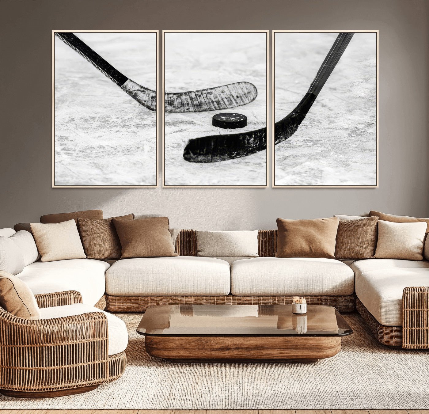 82900-MGV-CV-36X24-Hockey Wall Art – Black and White Canvas Print Ice Rink Sticks Puck Sports Photography, Modern Decor for Game Room, Man Cave,