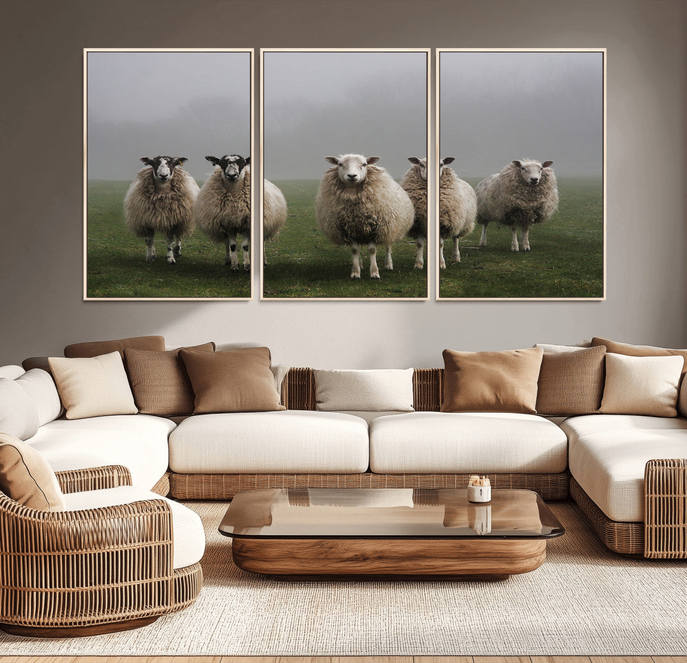 87339-MGV-CV-36X24-Sheep Wall Art – Rustic Farmhouse Canvas Print Flock Standing Misty Field Countryside Photography, Country Animal Decor for Living