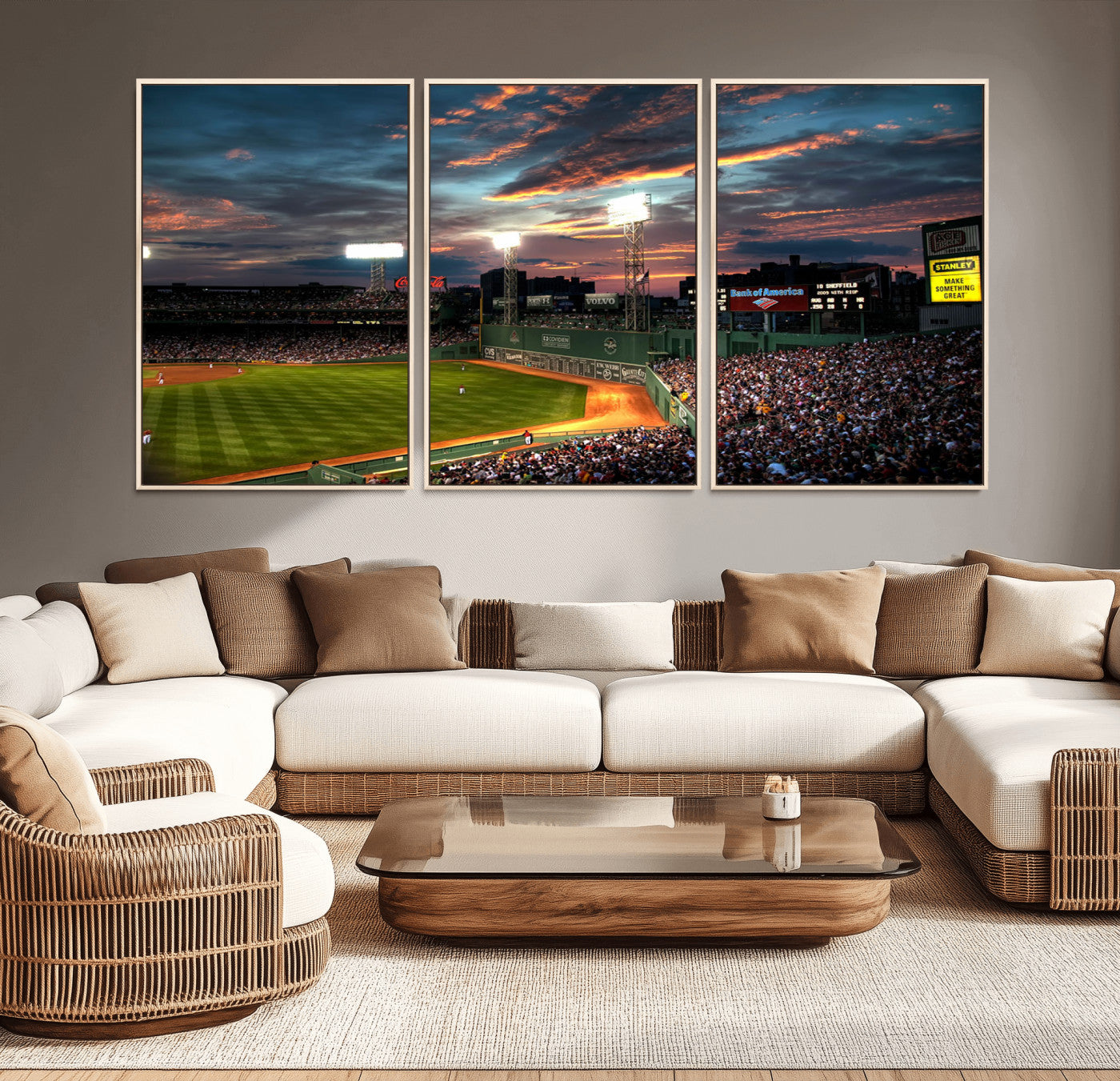 66781-MGV-FC-60X30-3P_Natural-Baseball Stadium Wall Art – Canvas Print Evening Game Field Packed Crowd Sunset Sky Sports Photography, Dynamic Decor for Game