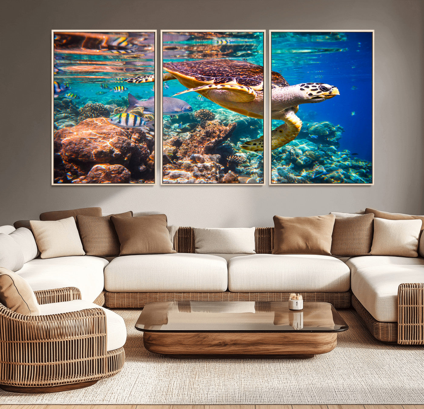 66614-MGV-CV-36X24-Sea Turtle Wall Art – Hawksbill Turtle Swimming Over Coral Reef Canvas Print, Ocean Marine Life Decor for Beach House, Coastal