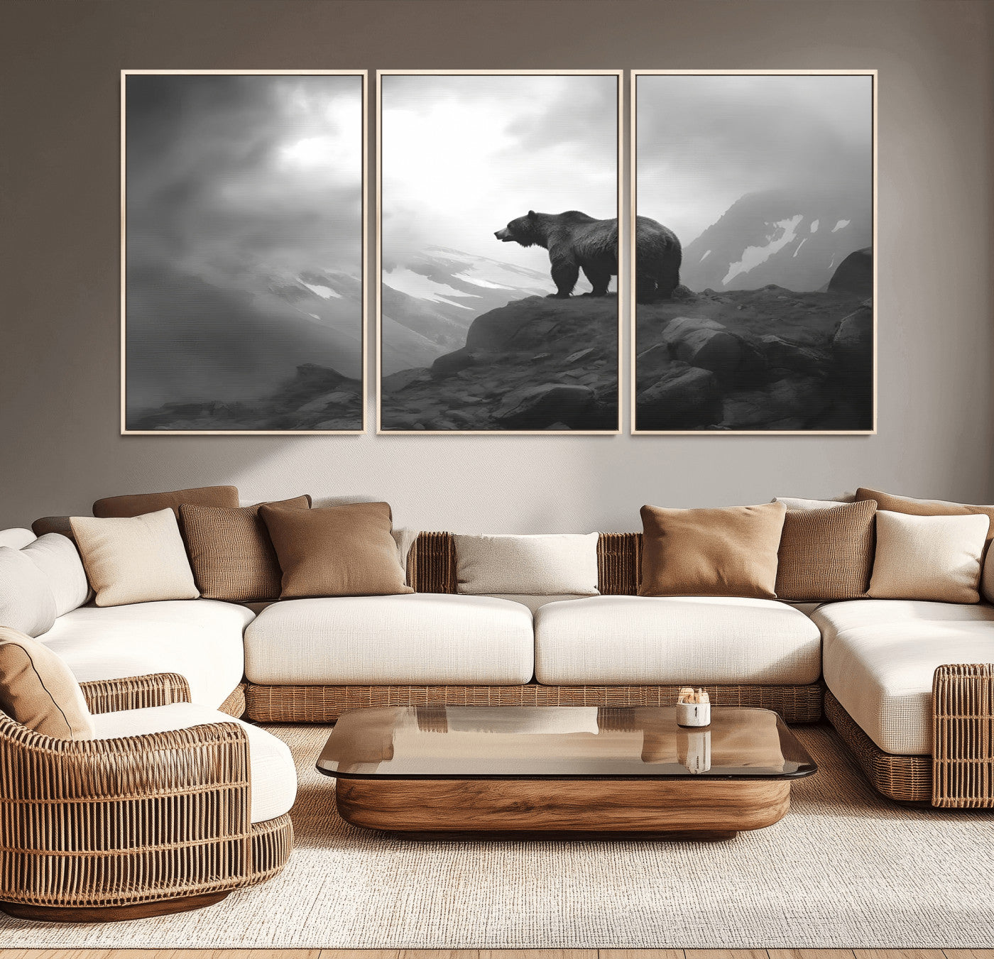 49504-MGV-CV-36X24-Black and White Grizzly Bear Wall Art – Wilderness Wildlife Painting, Rustic Mountain Cabin Decor, Monochrome Animal Print for