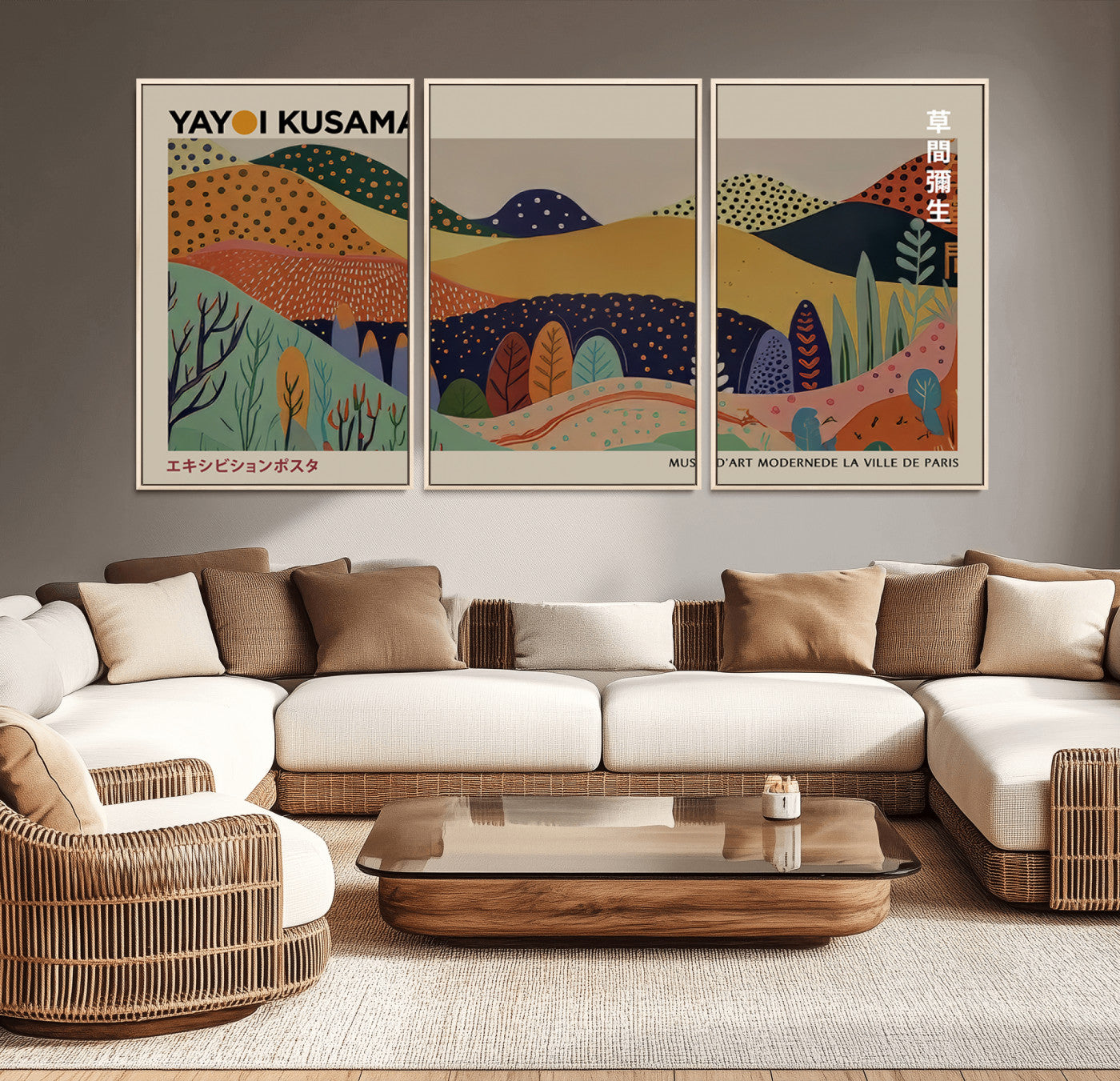 11242-MGV-CV-36X24-Kusama Wall Art – Abstract Colorful Hills Canvas Print, Modern Japanese Inspired Landscape Poster for Living Room, Office or