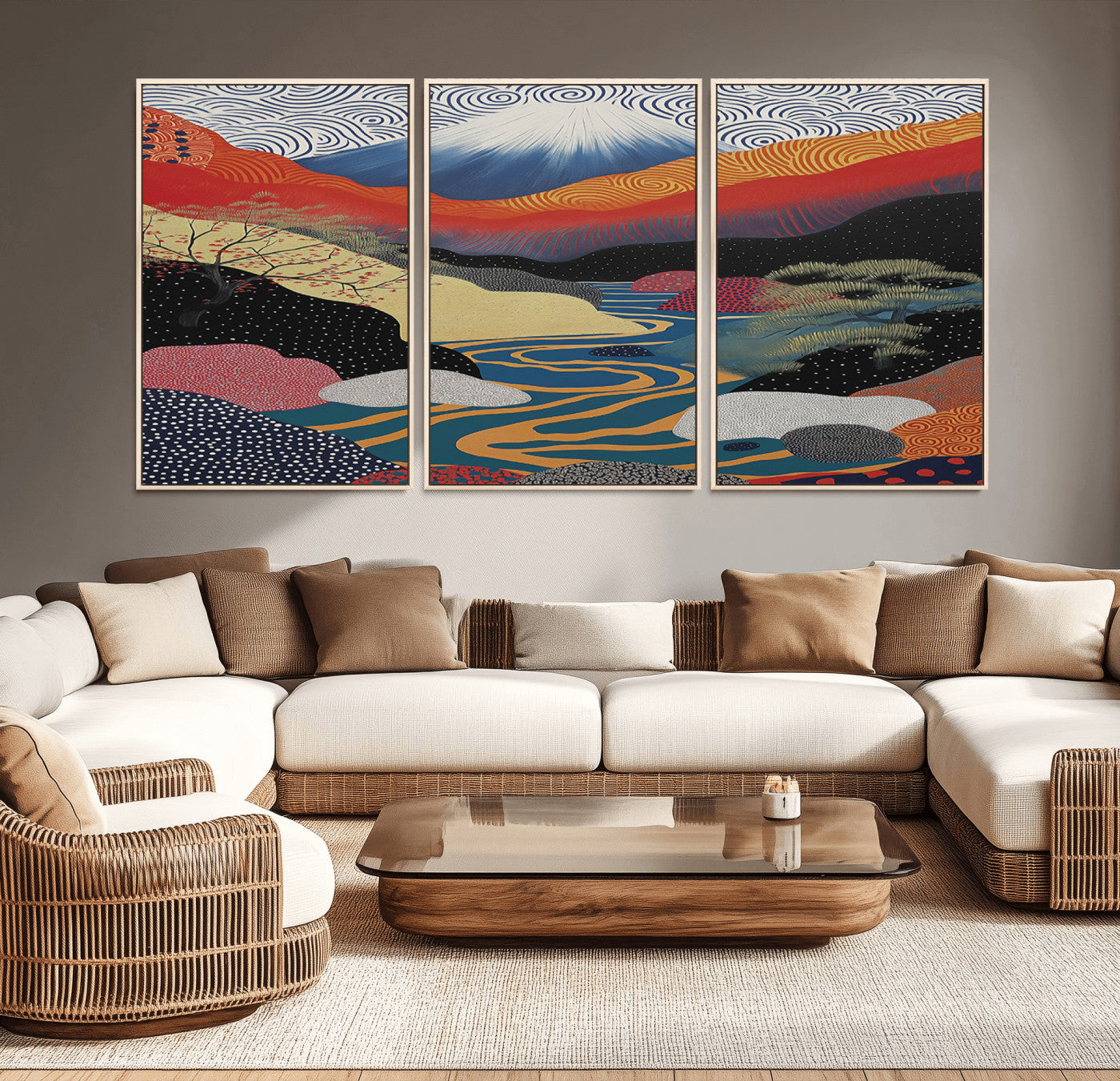 32131-MGV-CV-36X24-Japanese Mount Fuji Wall Art – Abstract Landscape Canvas Print with Swirling Sky & River, Modern Minimalist Asian Inspired Poster