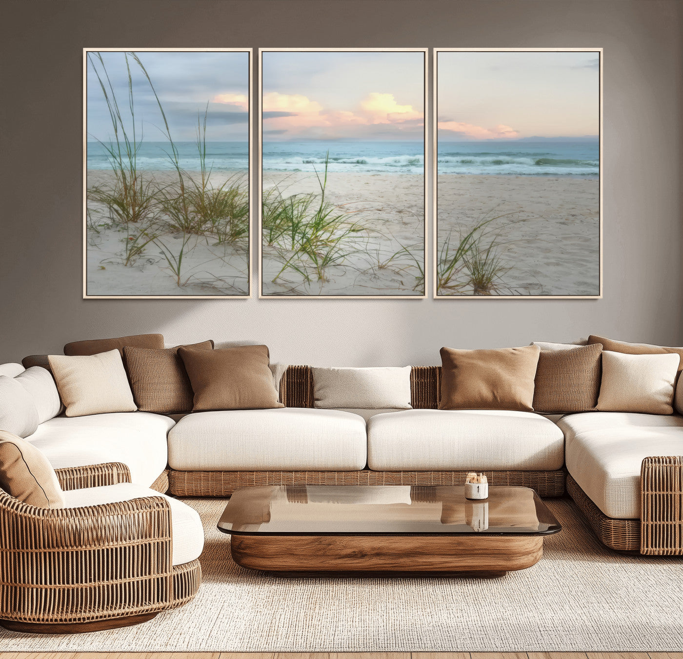 Test1001-MGV-CV-36X24-Coastal Beach Wall Art – Panoramic Ocean Waves and Sandy Dunes Canvas Print, Serene Seascape with Sea Oats for Relaxing Home or