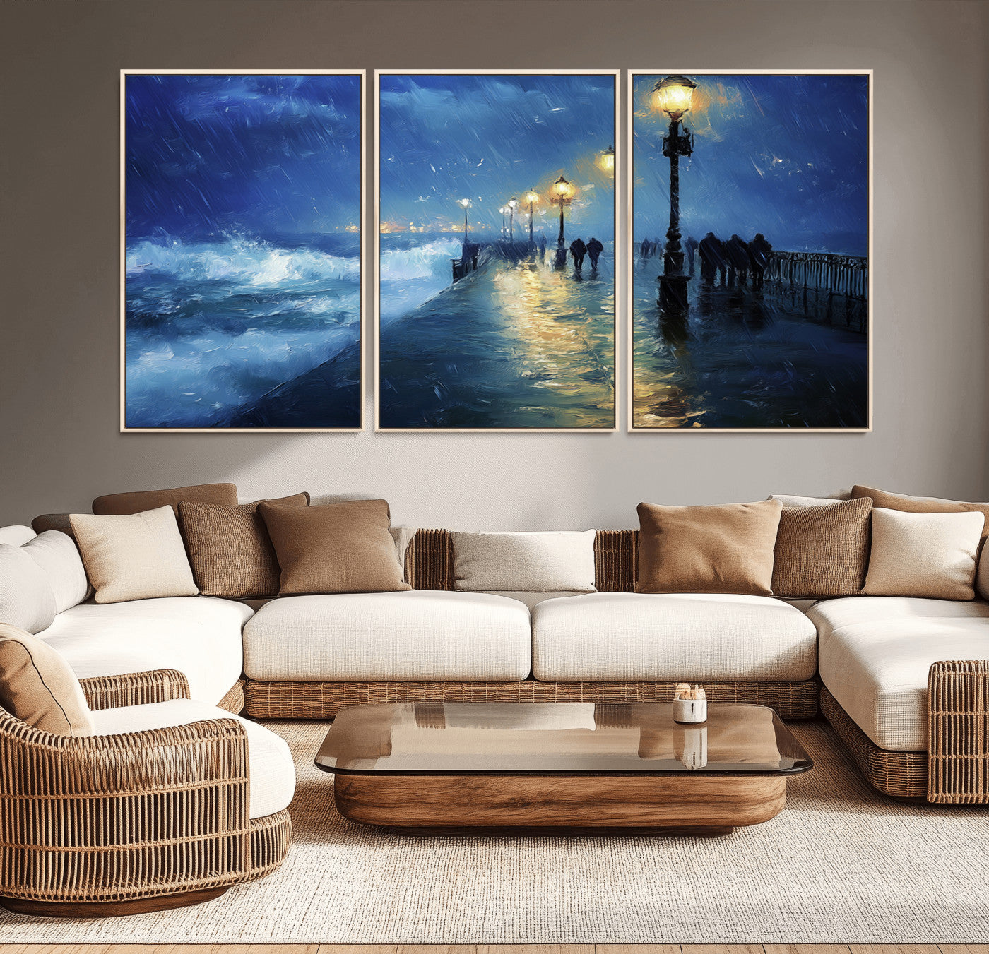 76572-MGV-CV-36X24-Stormy Night Pier Wall Art – Ocean Waves and Street Lamps Canvas Print, Rainy Seascape Oil Painting Poster for Living Room,