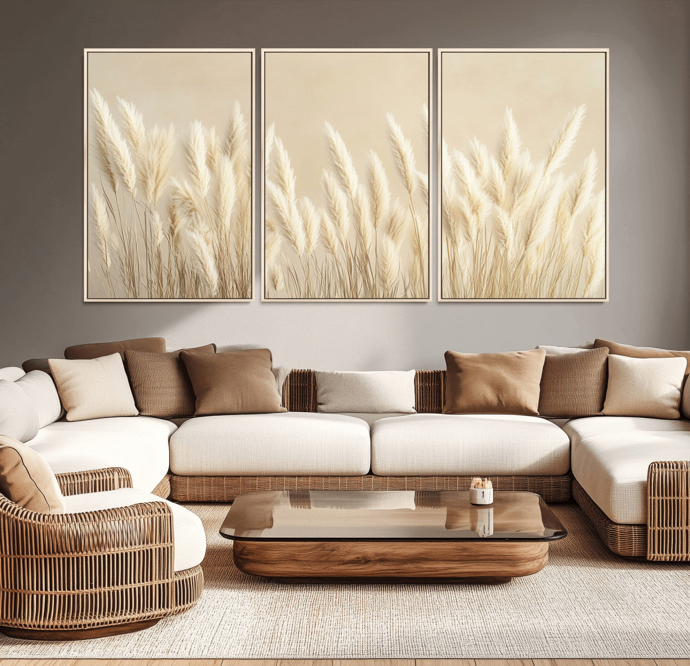 81444-MGV-CV-36X24-Pampas Grass Wall Art Canvas Print, Framed Beige Pampas Grass Art Picture Print, Minimalist Beige Perfect Minimalist Nature Decor