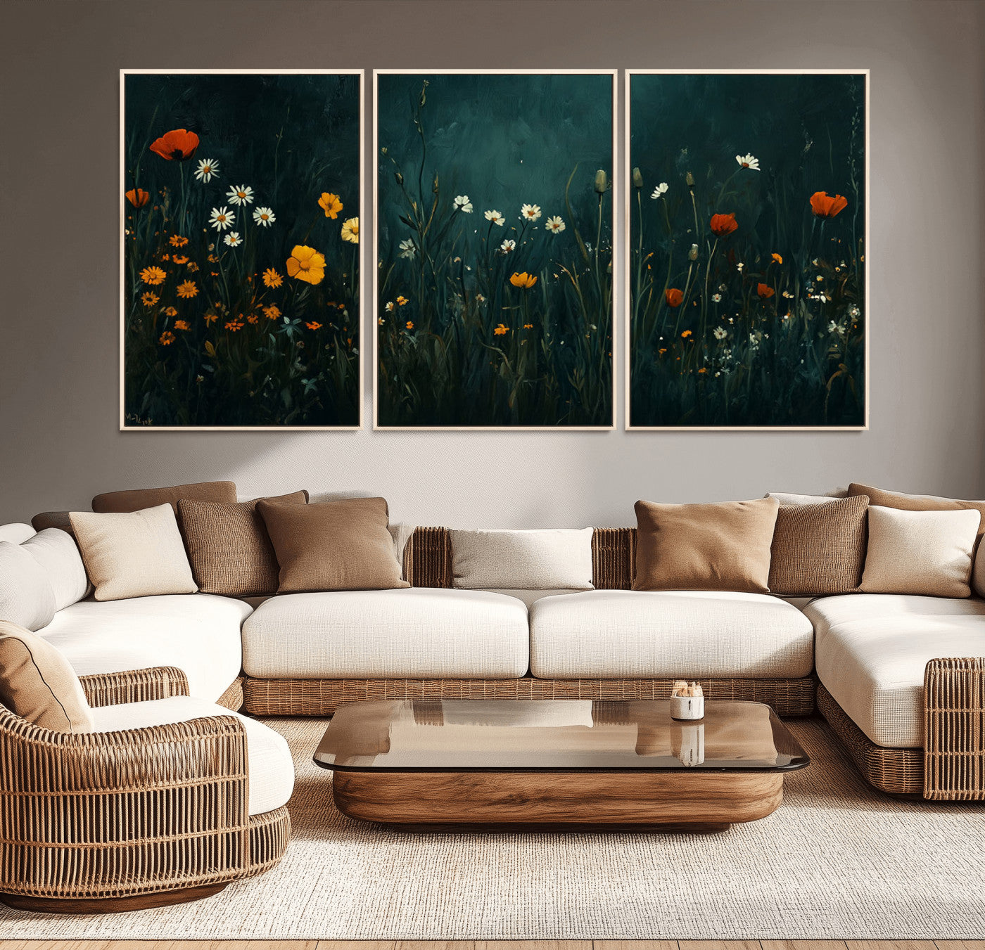 87037-MGV-CV-36X24-Wildflower Wall Art – Dark Botanical Floral Canvas Print, Modern Nature Painting Poster with Daisies Poppies Orange Flowers for