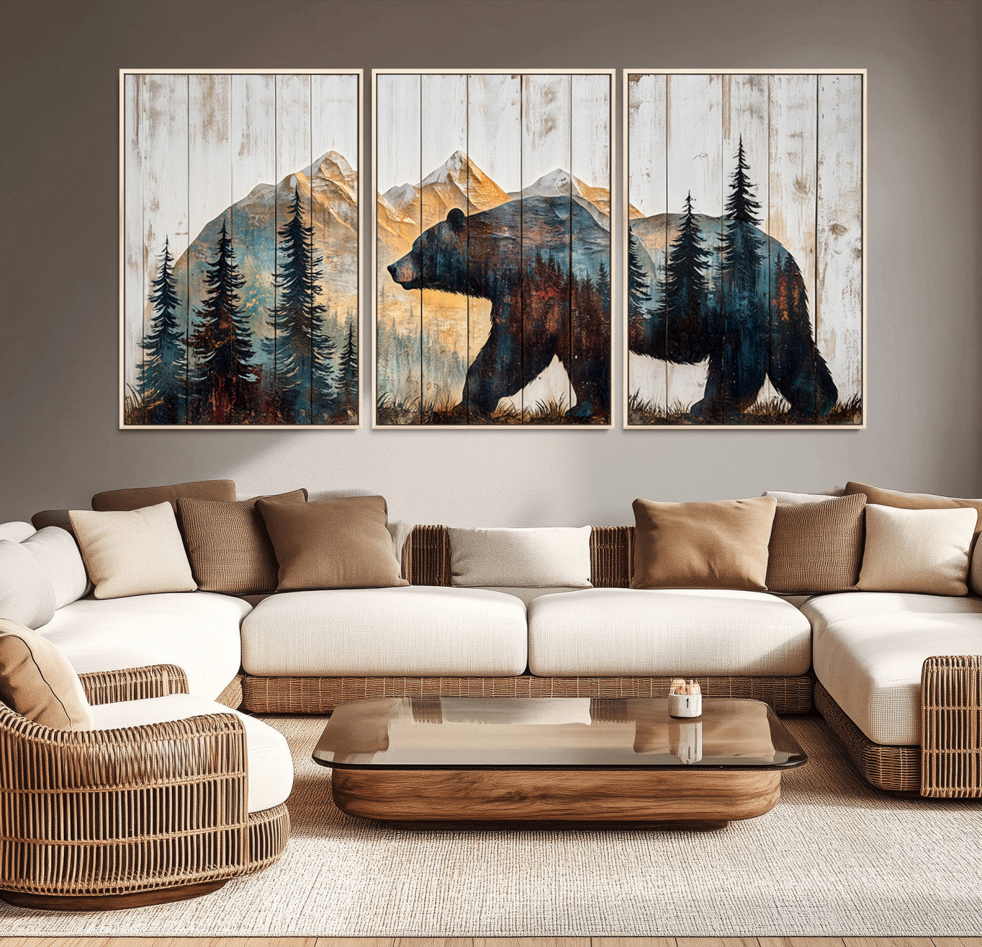 90077-MGV-CV-36X24-Wood Grizzly Bear Wall Art Canvas Print, Framed Abstract Bear Art Picture Print, Bear in Forest Perfect Rustic Lodge Decor Artwork