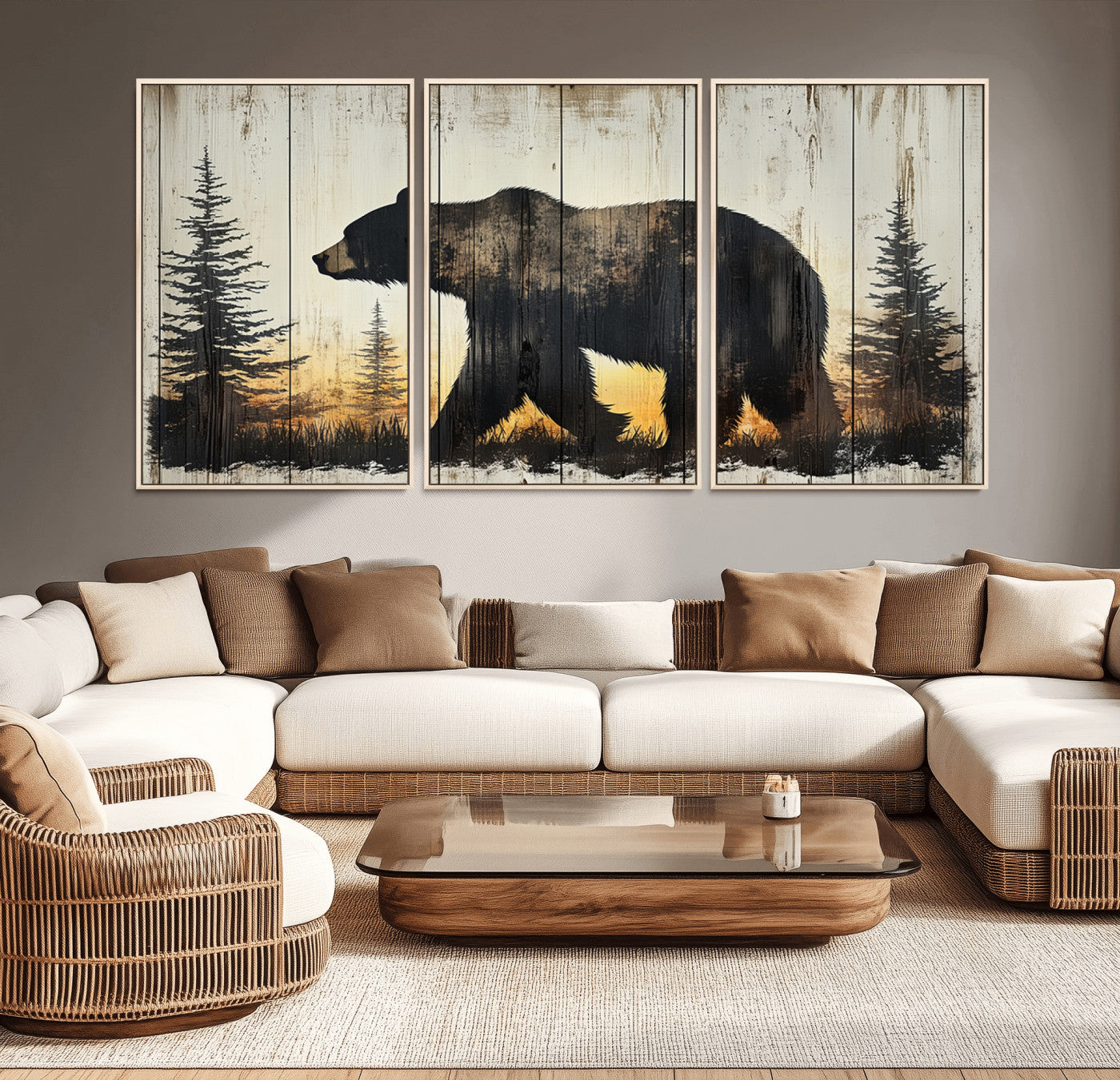 83875-MGV-CV-36X24-Sunset Bear Wall Art – Rustic Wildlife Canvas Print with Forest Silhouette, Cabin Lodge Decor for Living Room or Office
