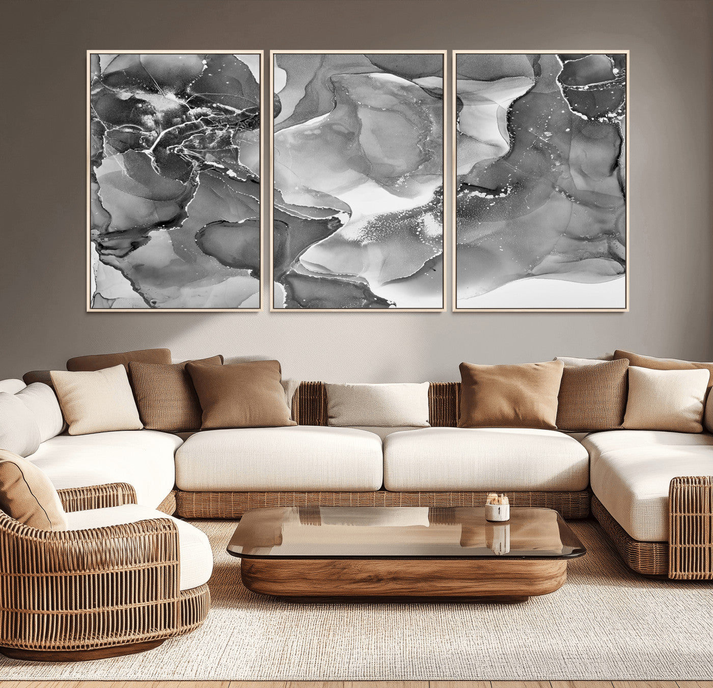 15911-MGV-FC-60X30-3P_Natural-Black and White Abstract Wall Art – Modern Ink Swirl Canvas Print, Minimalist Contemporary Painting for Living Room, Bedroom,