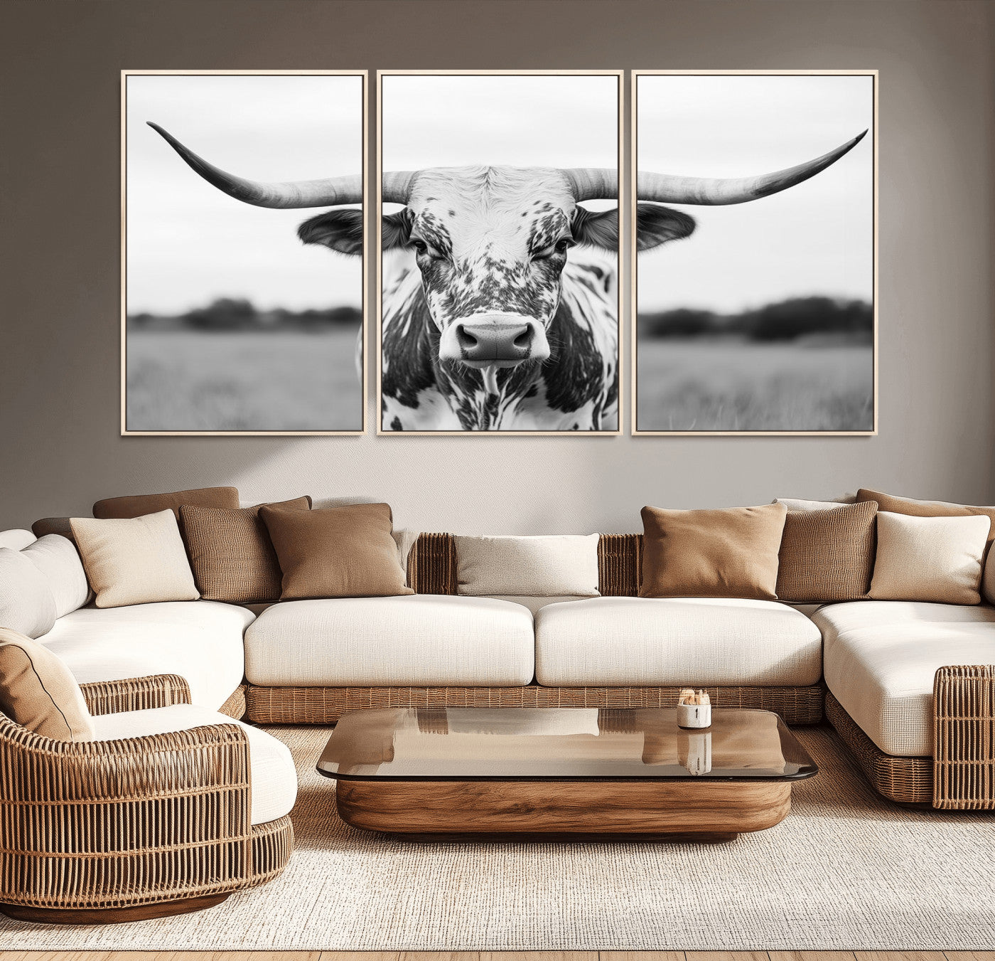 20272-MGV-CV-36X24-Texas Longhorn Wall Art – Black and White Cowboy Western Canvas Print, Rustic Farmhouse Cattle Photography Decor for Ranch, Barn