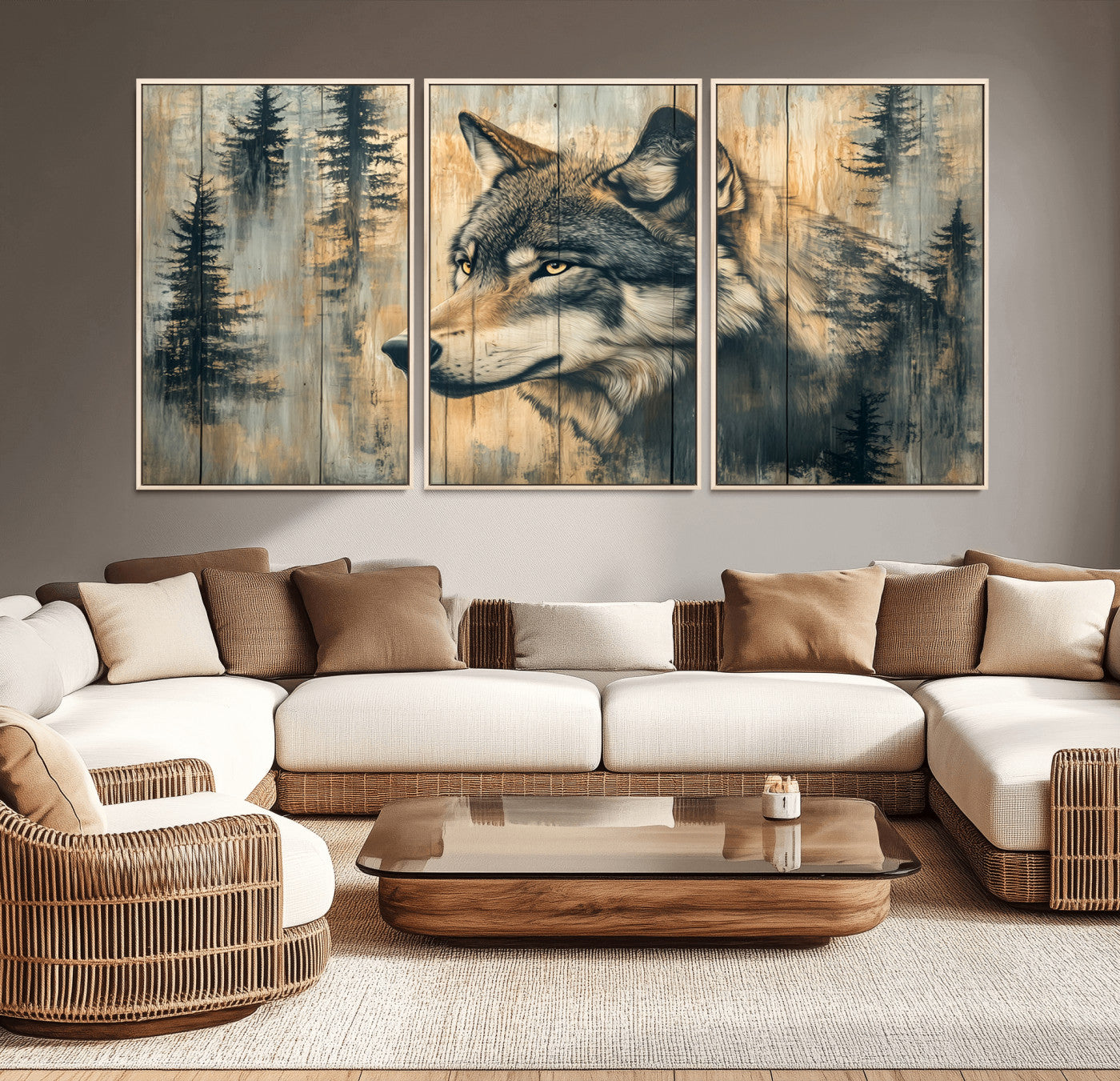 51892-MGV-CV-36X24-Wolf Wall Art – Rustic Canvas Print of Wolf with Forest Trees on Wood Texture, Wildlife Lodge Artwork for Living Room, Bedroom,