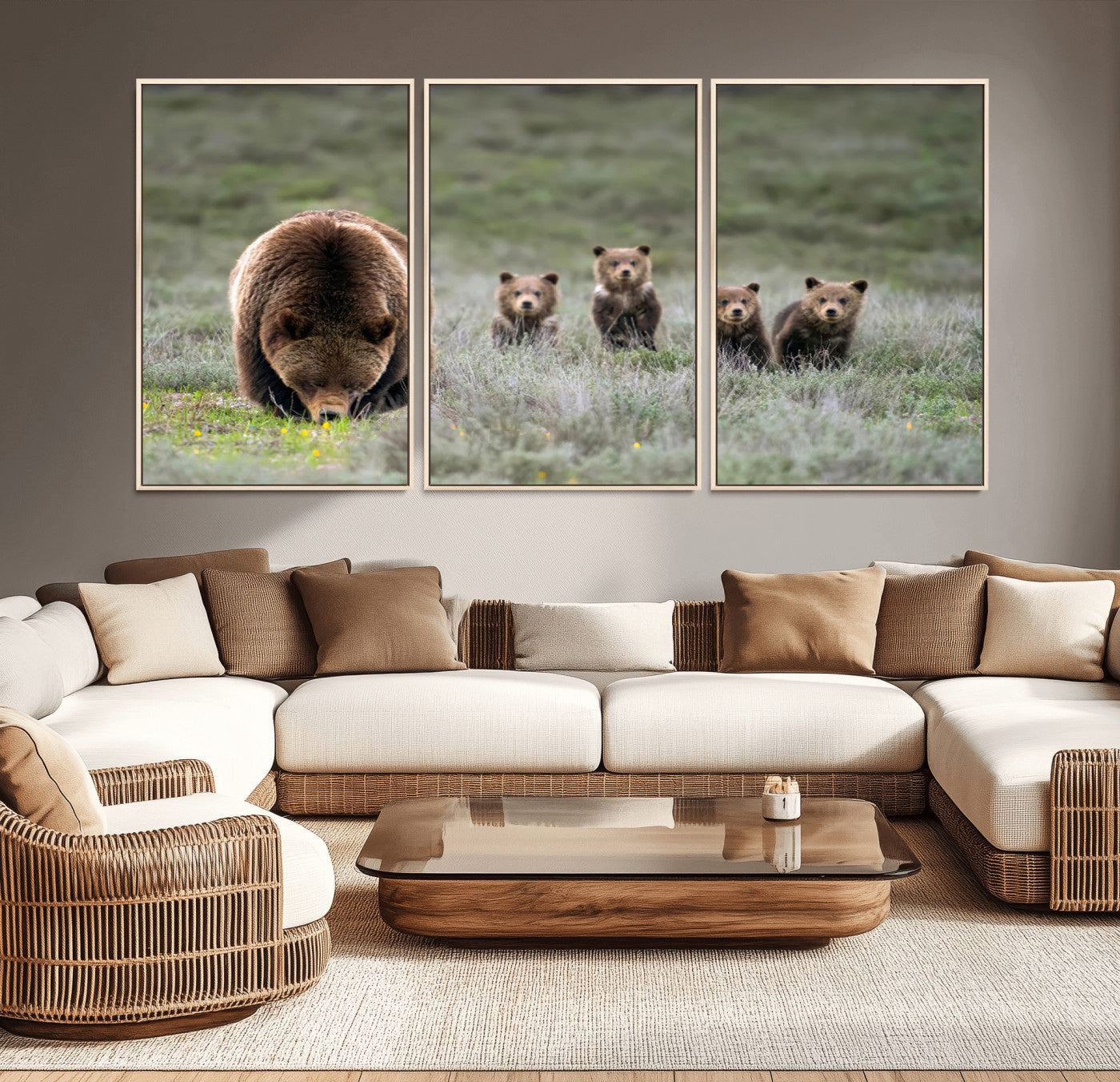 40555-MGV-CV-36X24-Bear Family Wall Art – Wildlife Canvas Print of Mother Bear with Four Cubs in Nature, Rustic Animal Artwork for Living Room,