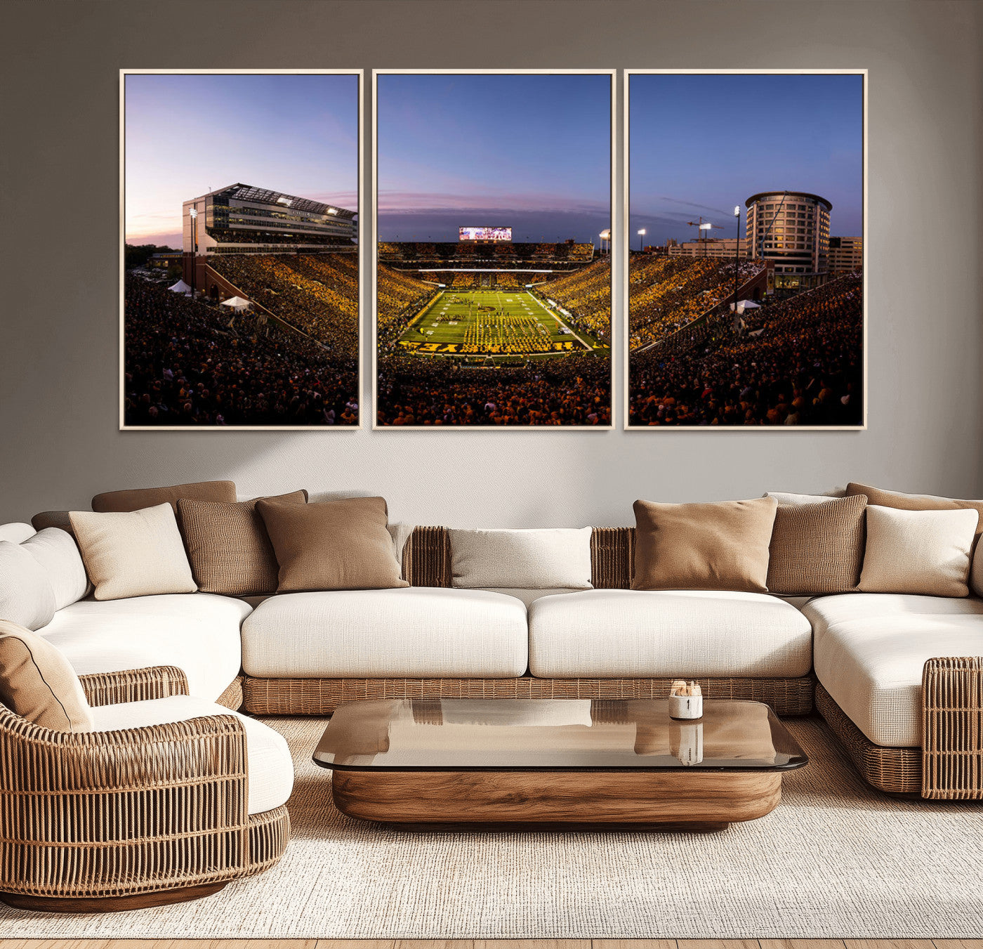 82557-MGV-CV-36X24-College Football Stadium Wall Art – Panoramic Sunset Canvas Print with Marching Band and Game Day Crowd, Sports Artwork for Man