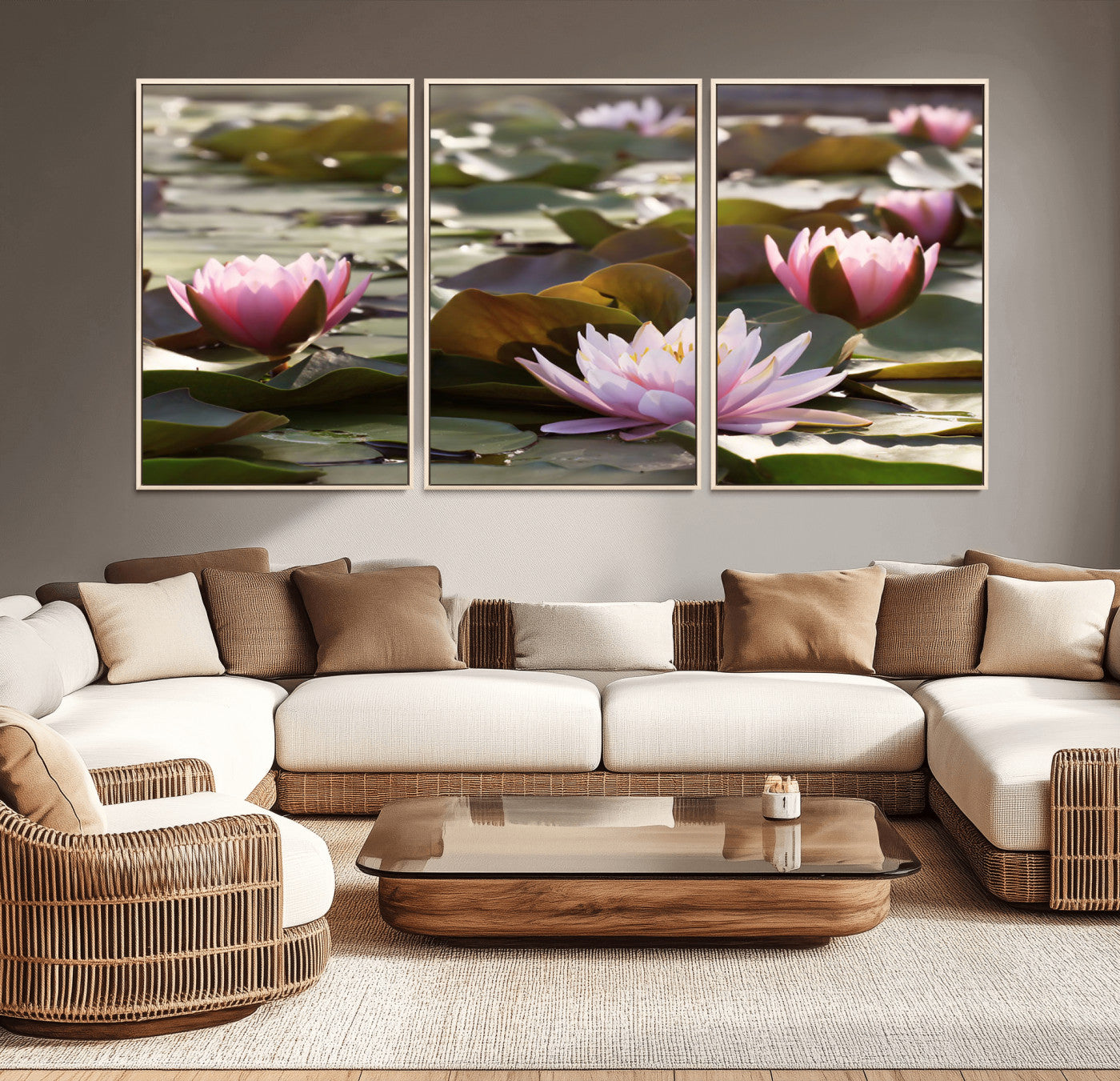 28394-MGV-CV-36X24-Water Lily Pond Wall Art – Pink Lotus Flowers Canvas Print with Green Lily Pads, Peaceful Botanical Artwork for Living Room,