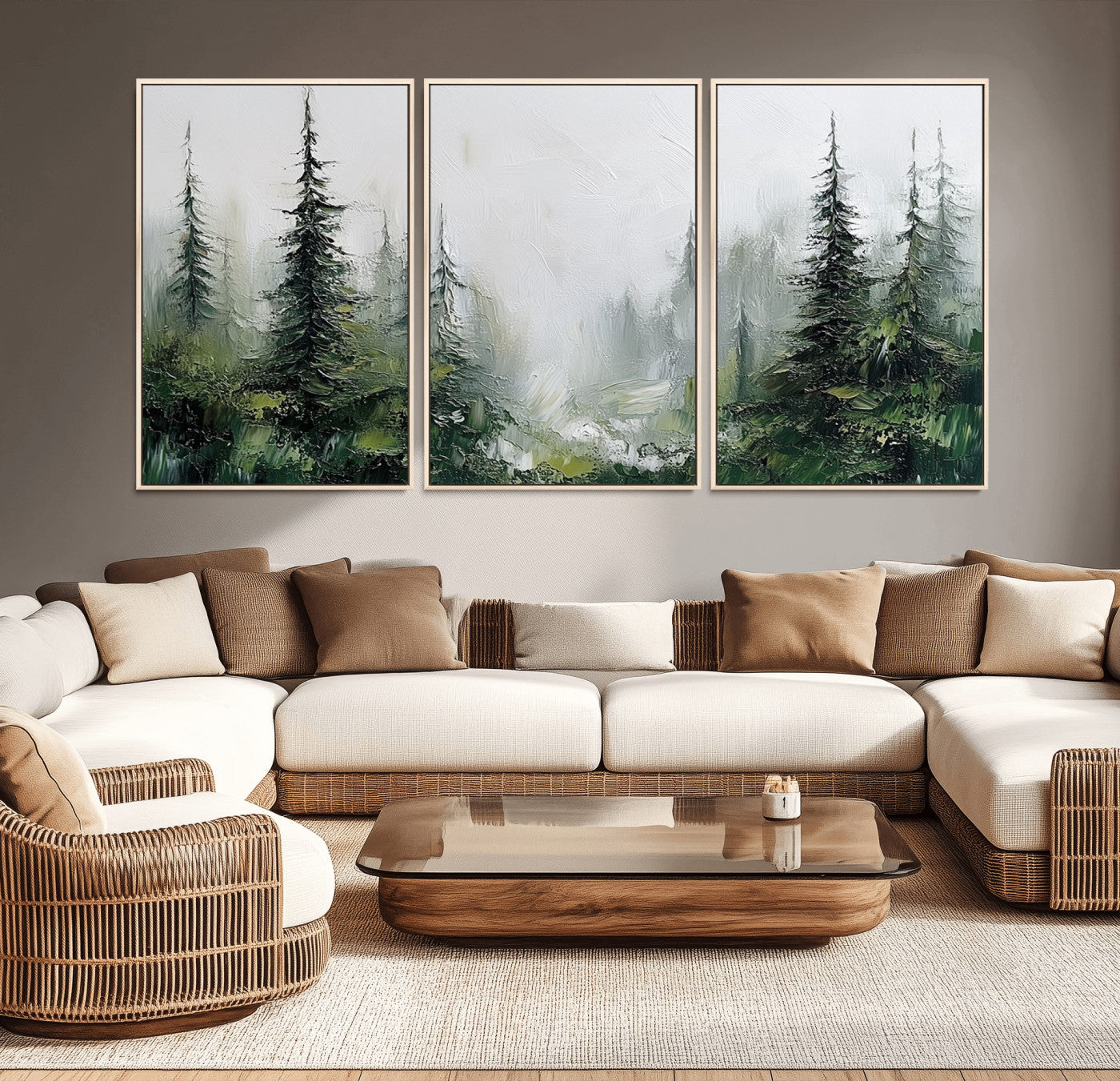 76014-MGV-CV-36X24-Forest Wall Art – Textured Canvas Print Featuring Misty Evergreen Pines and Woodland Landscape, Rustic Nature Artwork for Living