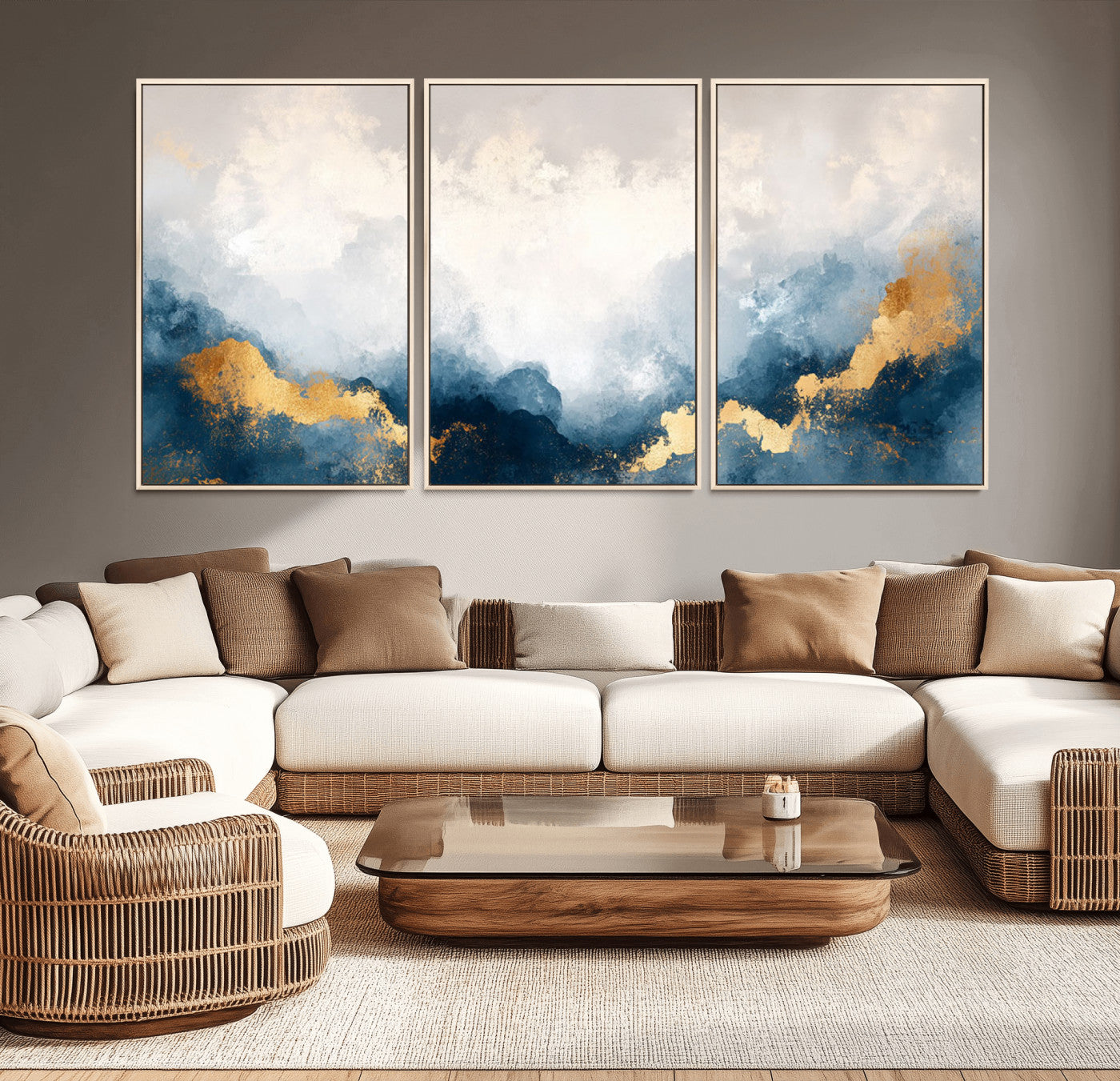 14578-MGV-FC-60X30-3P_Natural-Abstract Wall Art – Modern Canvas Print Featuring Blue and White Clouds with Golden Accents, Contemporary Elegant Artwork for