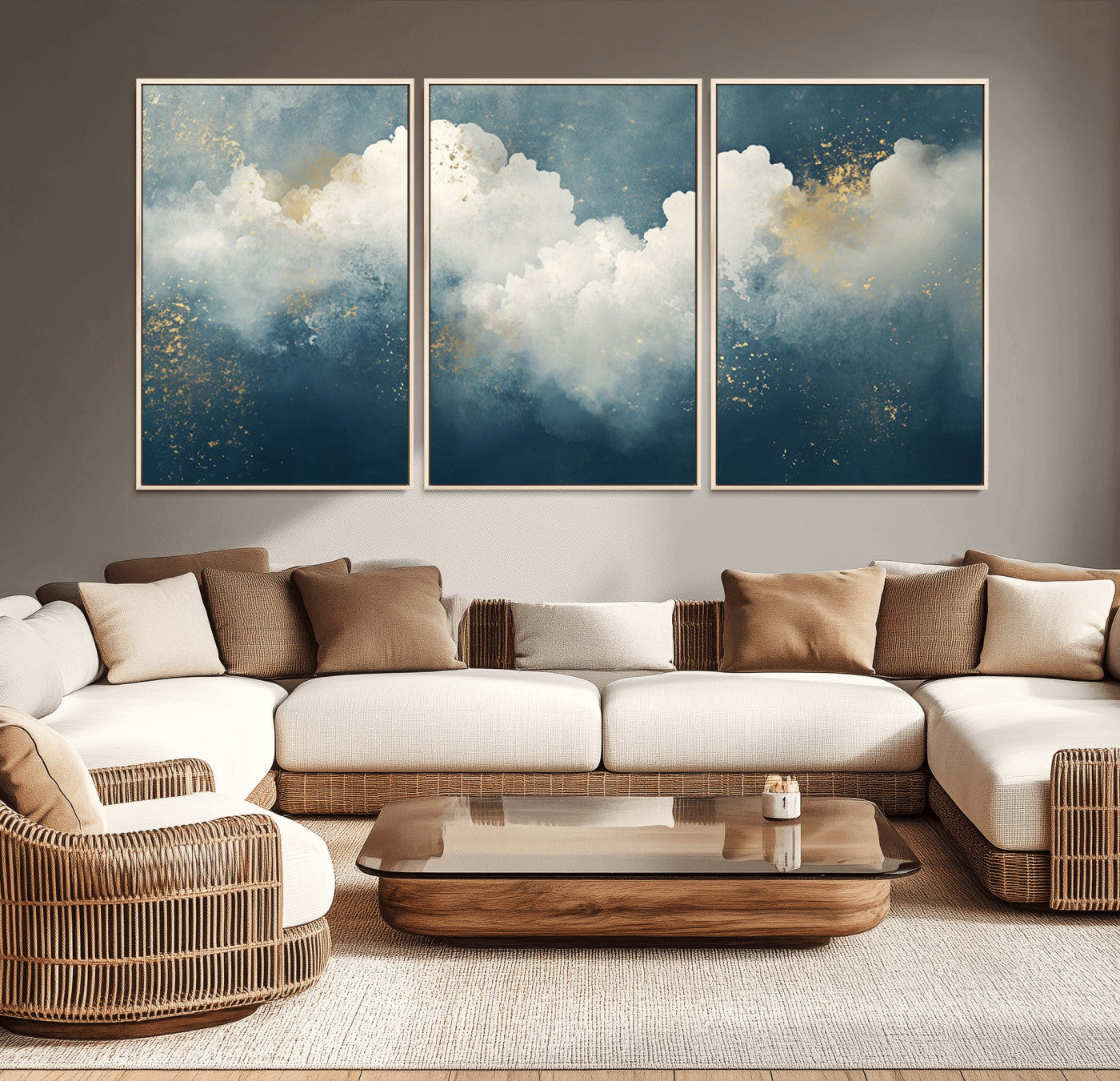 75131-MGV-CV-36X24-Abstract Cloud Wall Art – Modern Canvas Print Featuring Blue and White Clouds with Golden Accents, Contemporary Artwork for Living