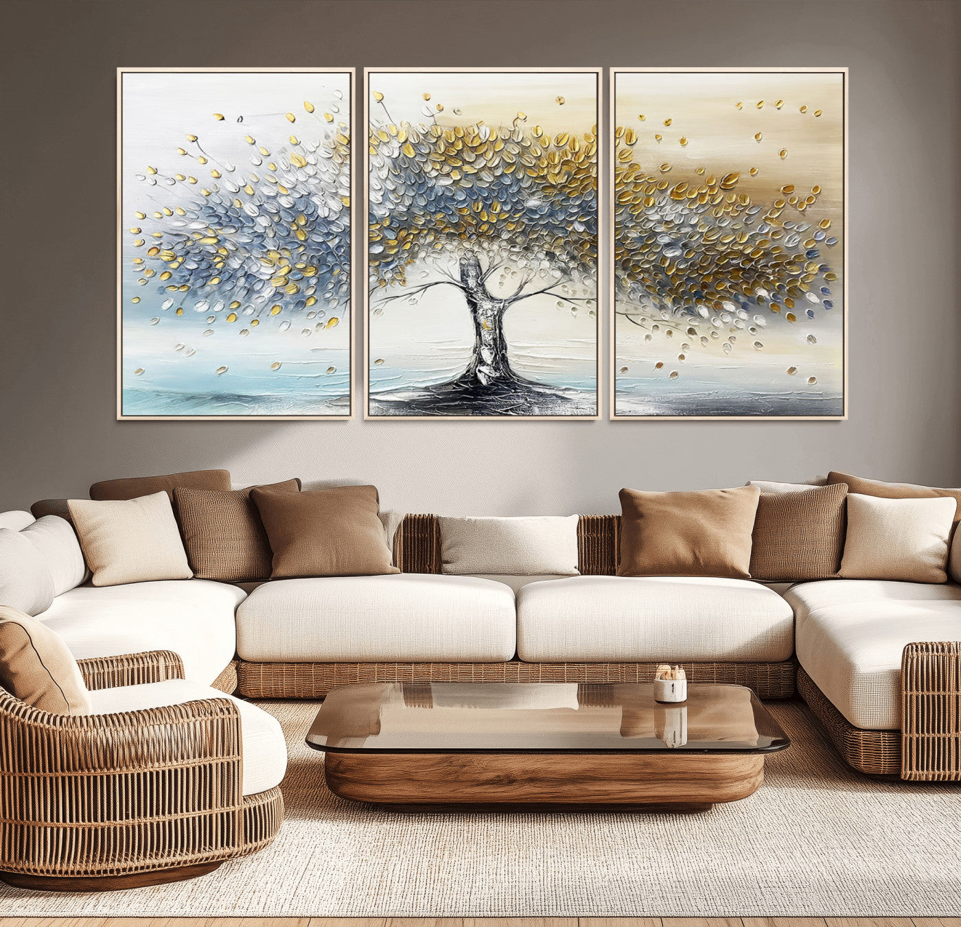 24771-MGV-CV-36X24-Silver Tree Wall Art Canvas Print, Framed Golden Leaves Art Picture Print, Metallic Tree Perfect Minimalist Luxury Decor Artwork